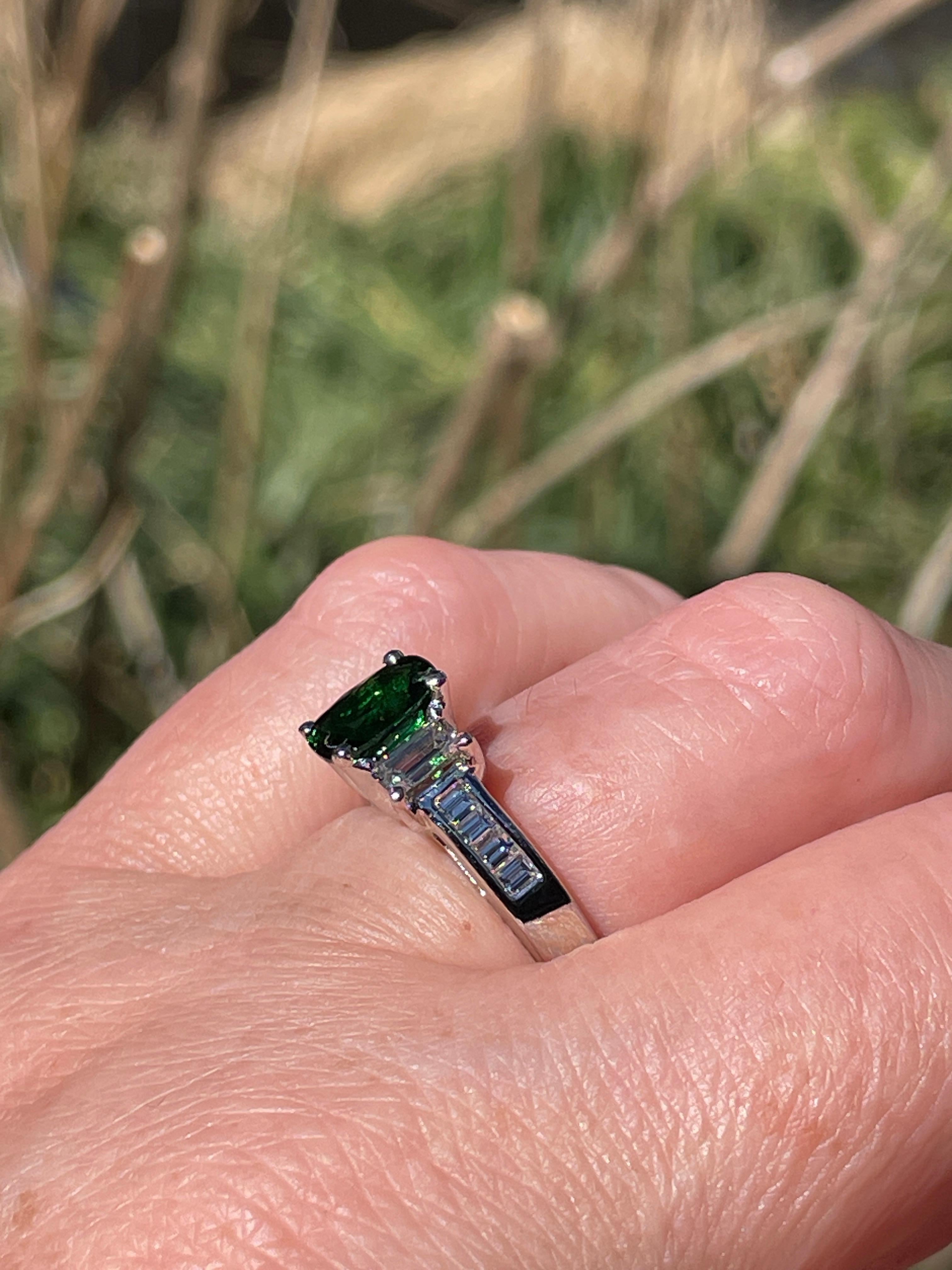 Vintage GIA 2.46ctw Natural Green Cushion Cut Tsavorite Diamond Platinum Ring For Sale 6