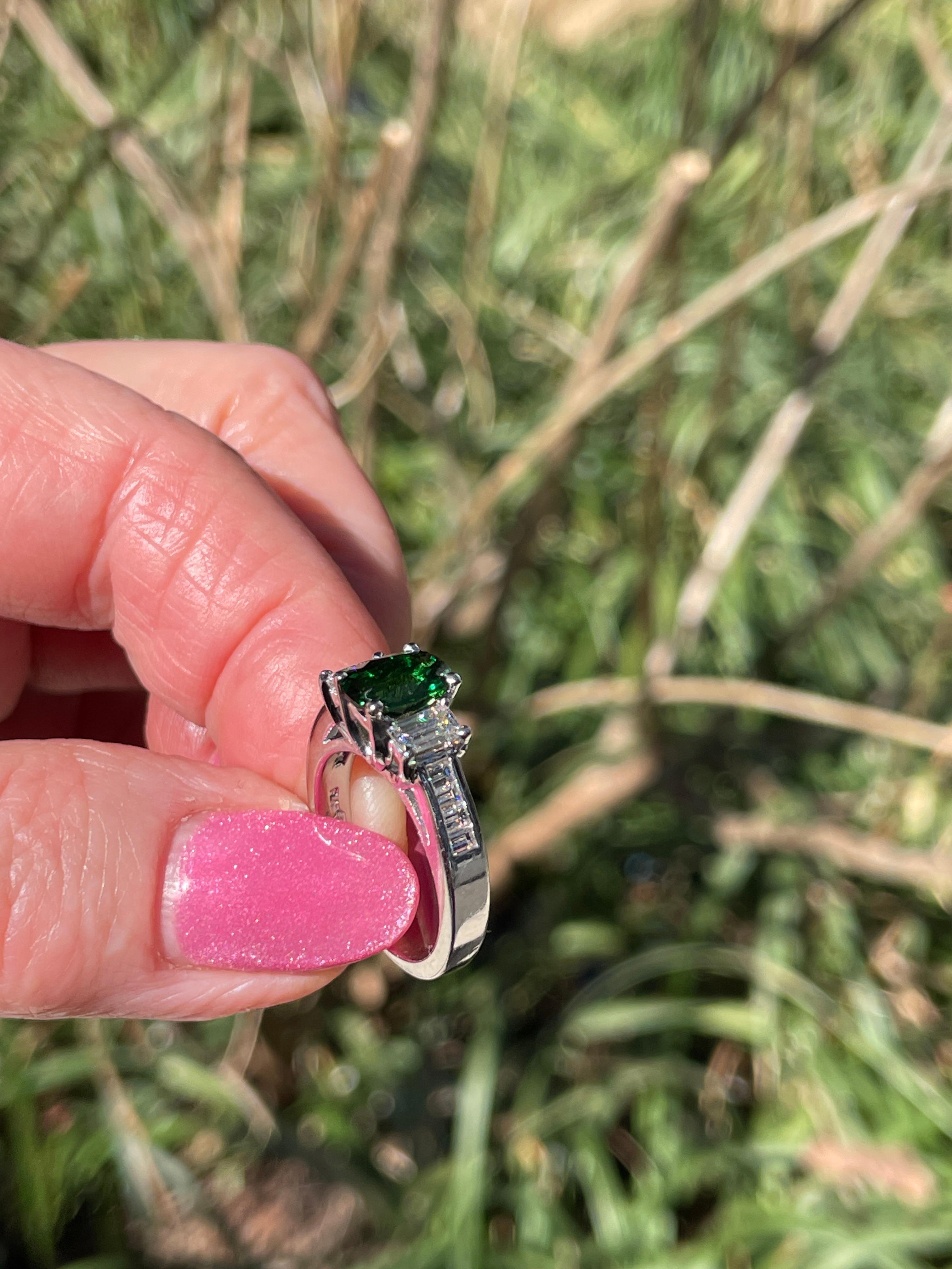 Vintage GIA 2.46ctw Natural Green Cushion Cut Tsavorite Diamond Platinum Ring For Sale 9