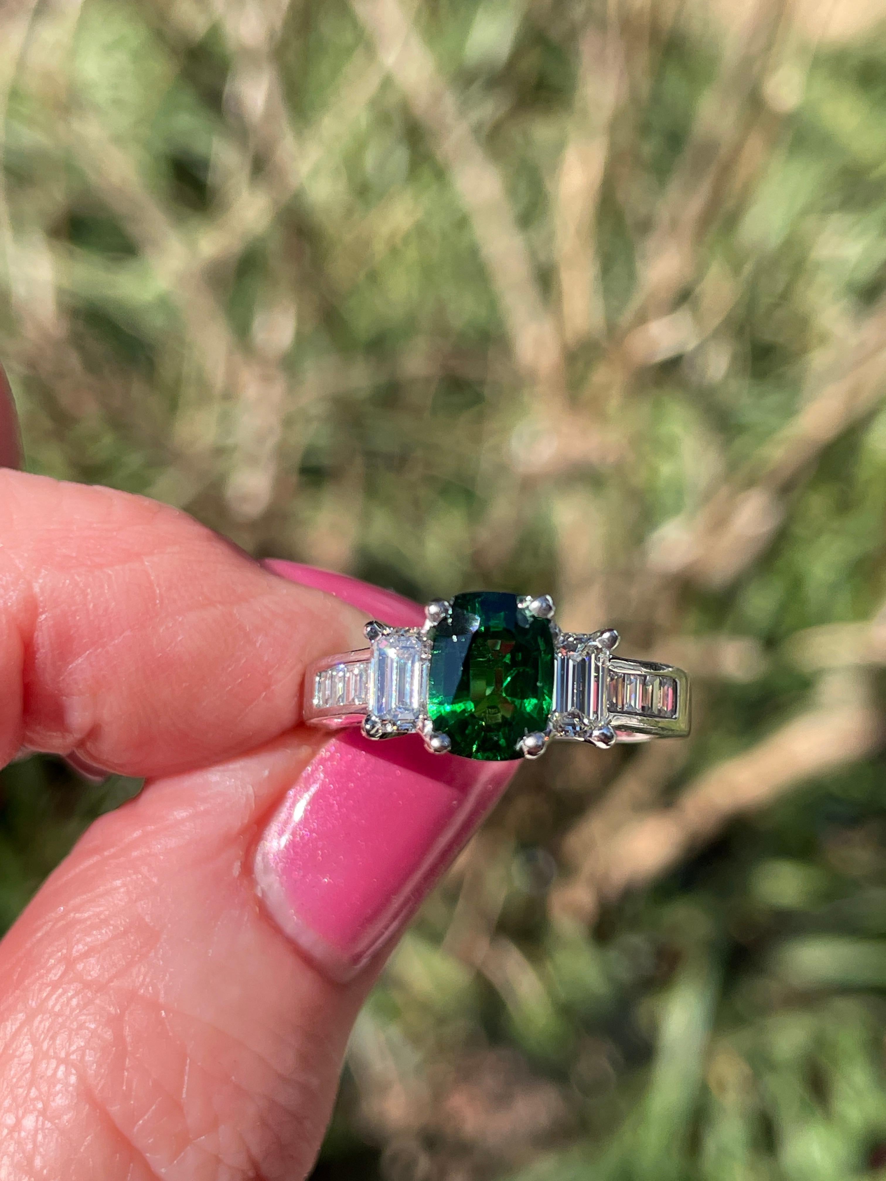 Vintage GIA 2.46ctw Natural Green Cushion Cut Tsavorite Diamond Platinum Ring For Sale 10