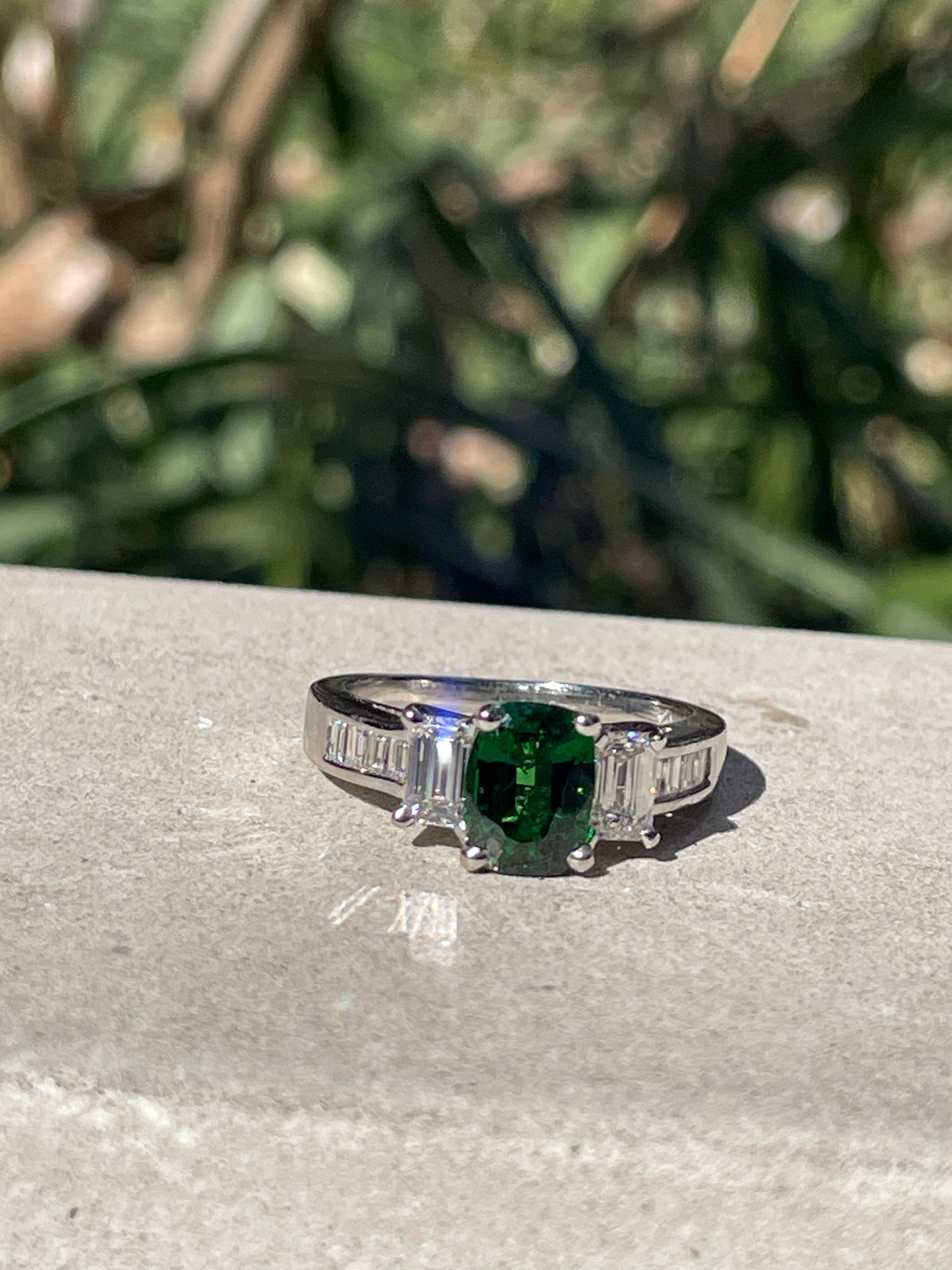 Vintage GIA 2.46ctw Natural Green Cushion Cut Tsavorite Diamond Platinum Ring For Sale 11