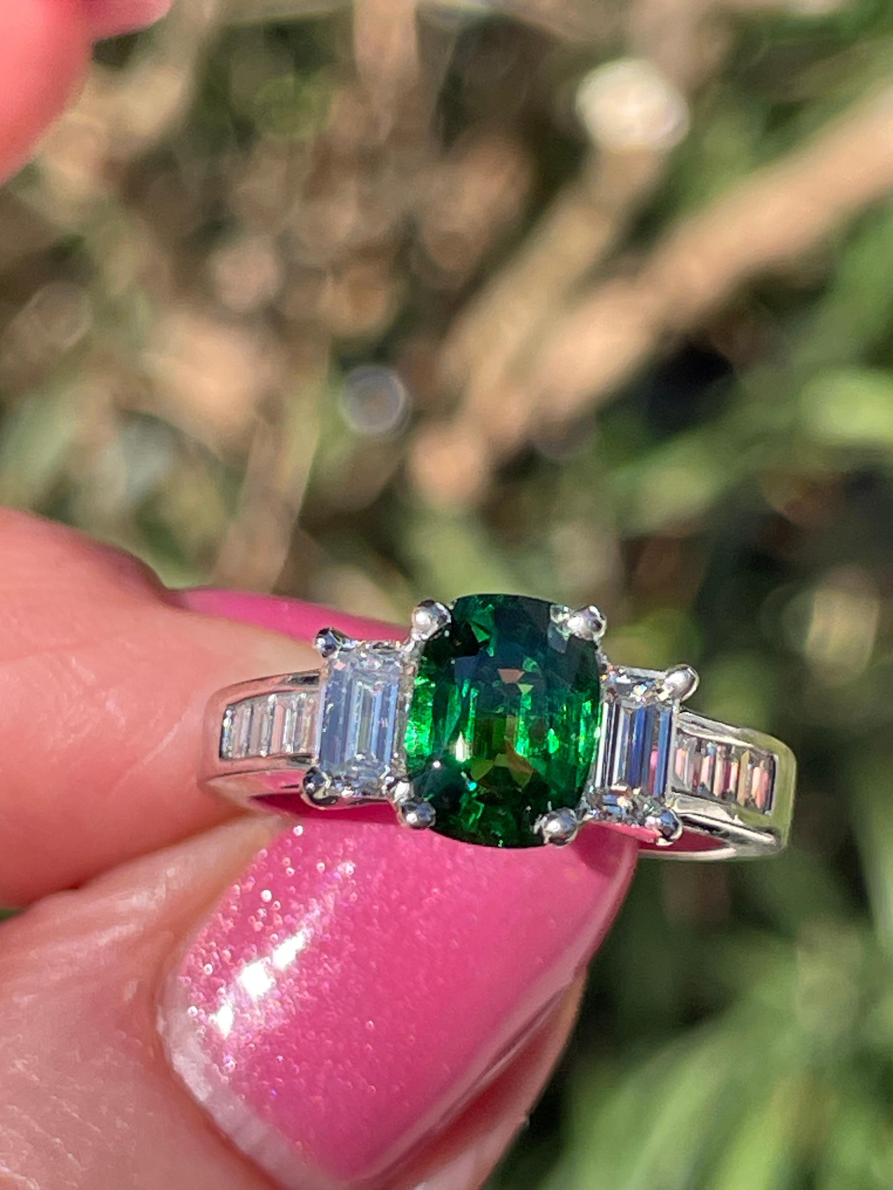 Vintage GIA 2.46ctw Natural Green Cushion Cut Tsavorite Diamond Platinum Ring For Sale 12
