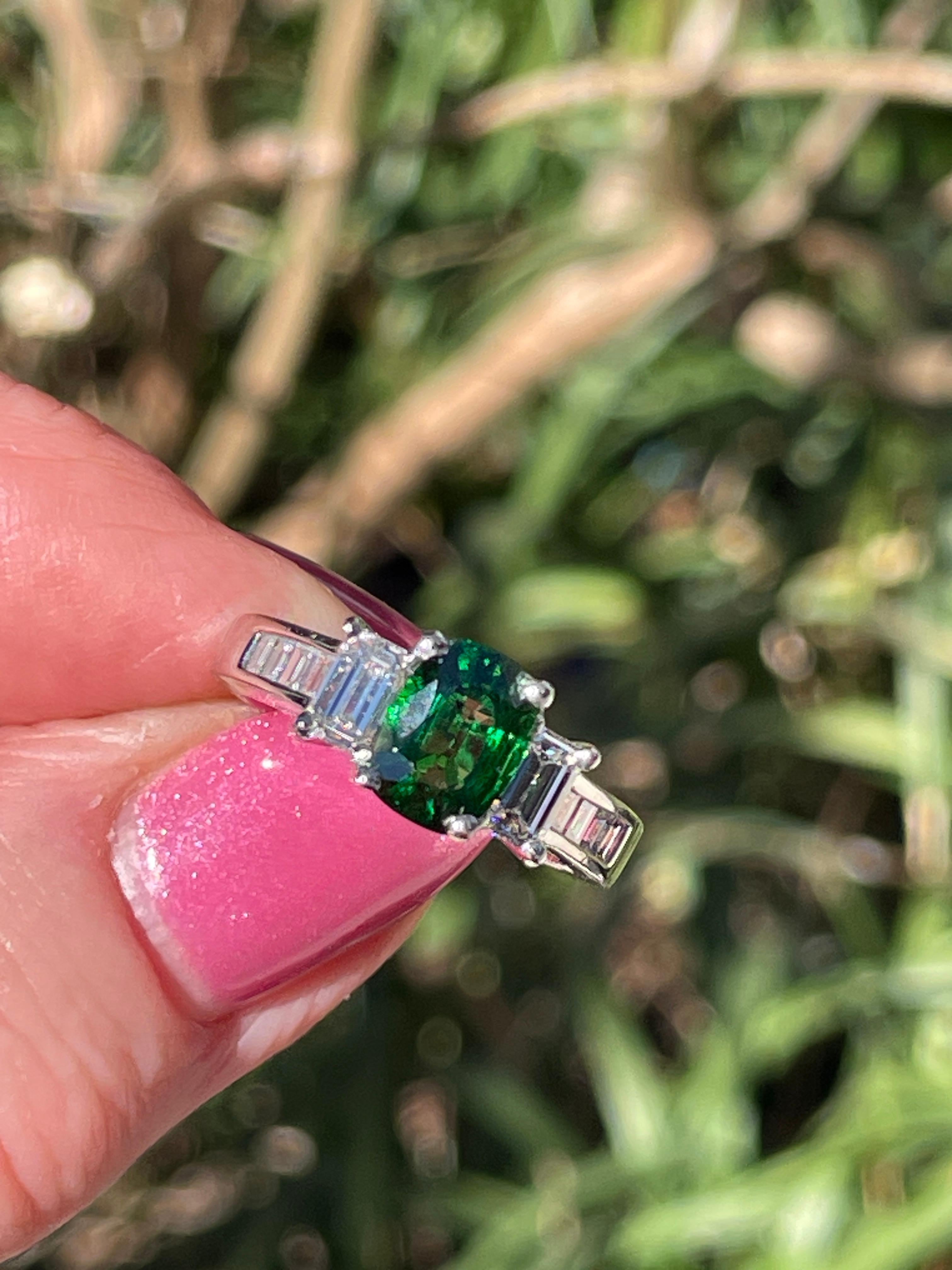 Vintage GIA 2.46ctw Natural Green Cushion Cut Tsavorite Diamond Platinum Ring For Sale 15