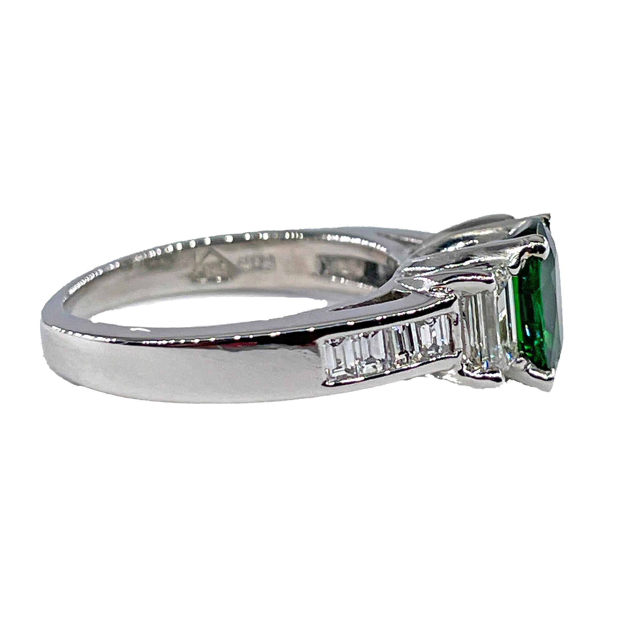 Vintage GIA 2.46ctw Natural Green Cushion Cut Tsavorite Diamond Platinum Ring For Sale 2