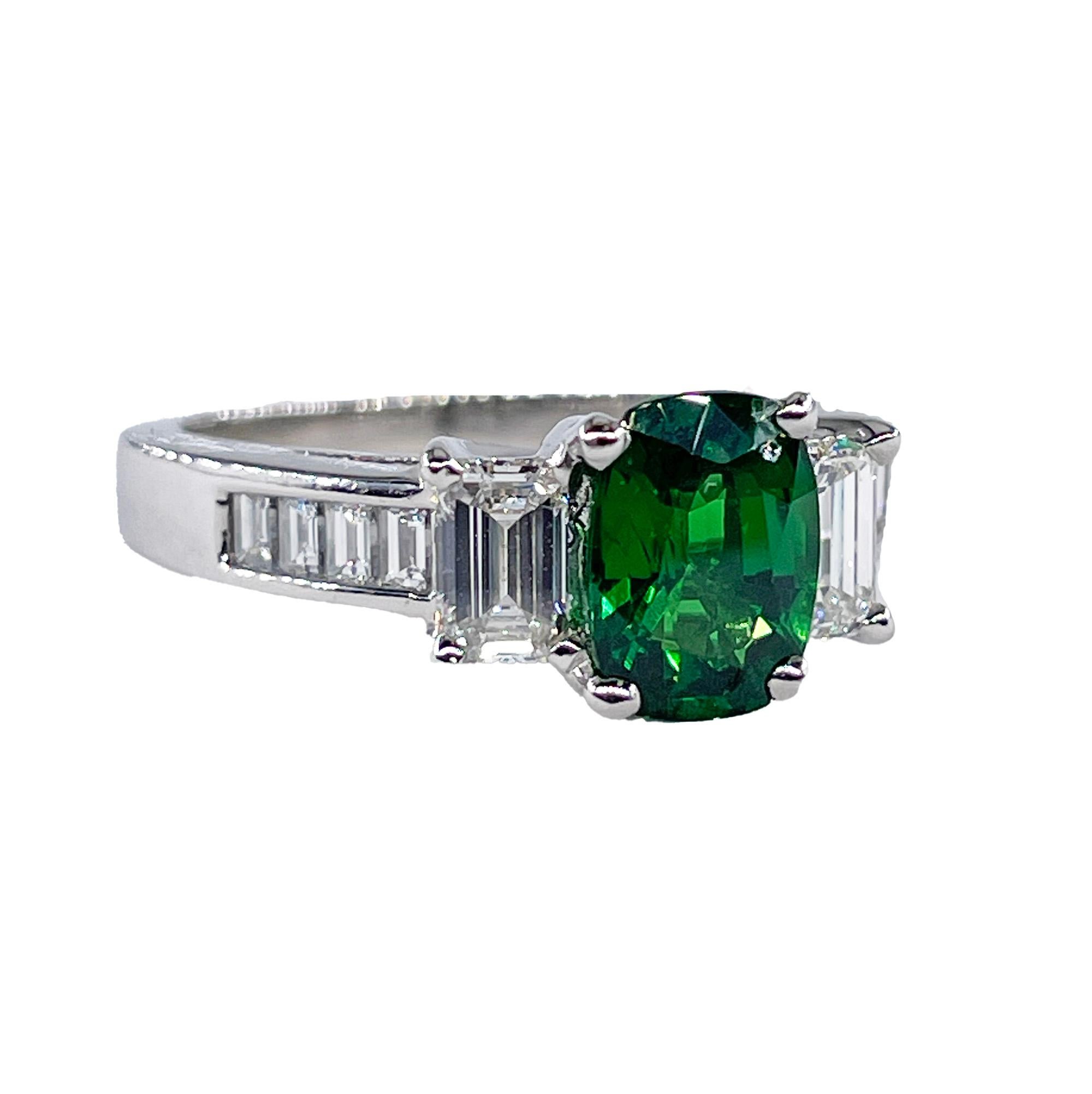 Vintage GIA 2.46ctw Natural Green Cushion Cut Tsavorite Diamond Platinum Ring In Good Condition For Sale In New York, NY
