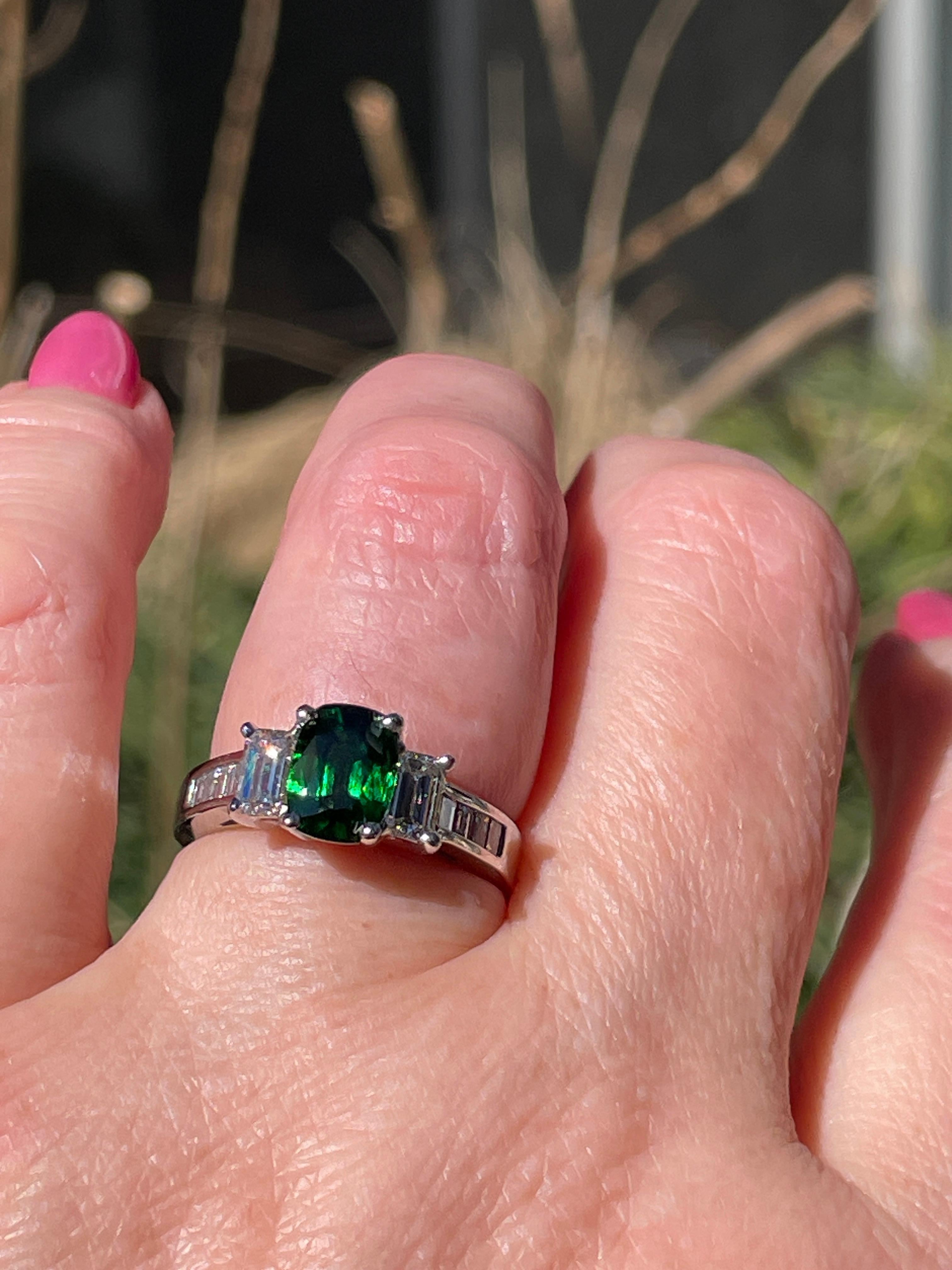 Vintage GIA 2.46ctw Natural Green Cushion Cut Tsavorite Diamond Platinum Ring For Sale 4