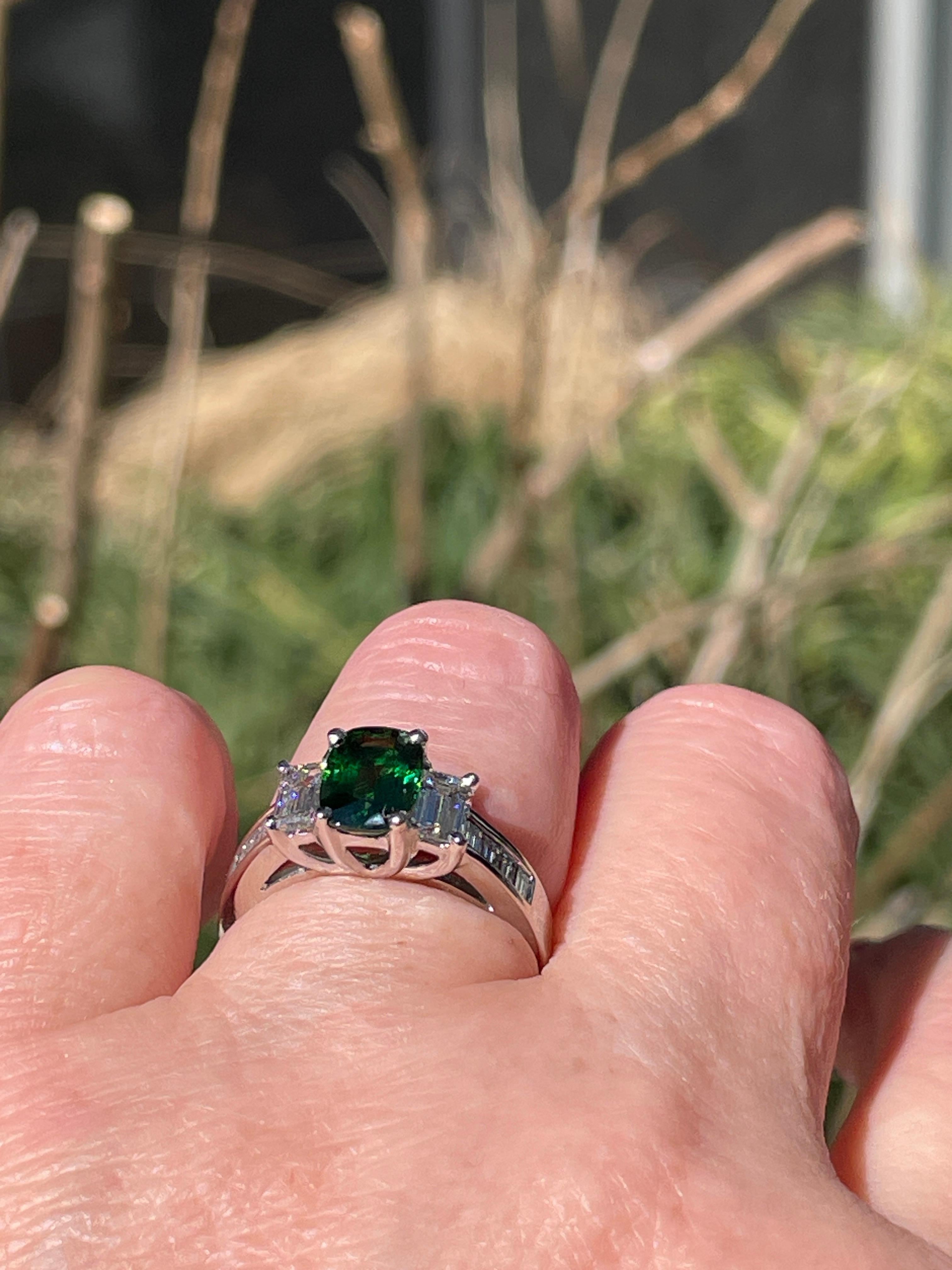 Vintage GIA 2.46ctw Natural Green Cushion Cut Tsavorite Diamond Platinum Ring For Sale 5
