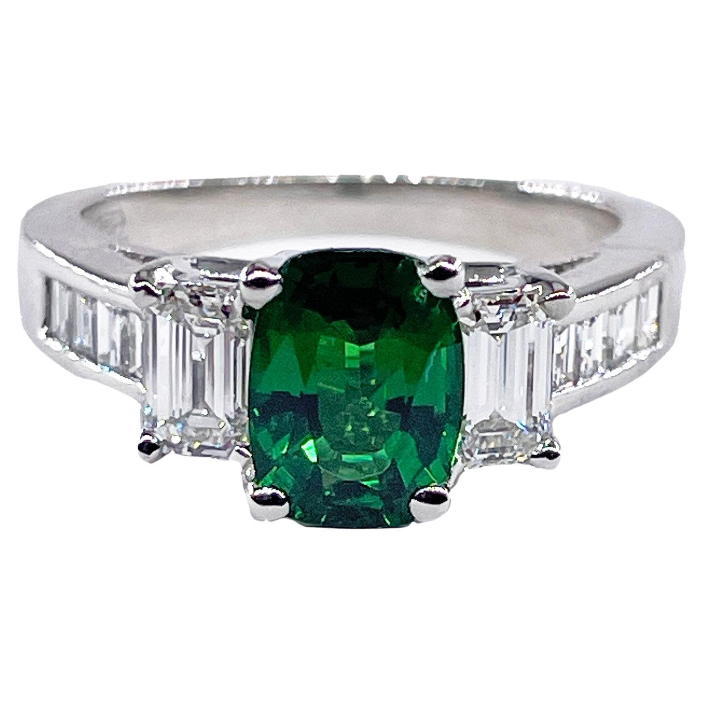 Vintage GIA 2.46ctw Natural Green Cushion Cut Tsavorite Diamond Platinum Ring For Sale