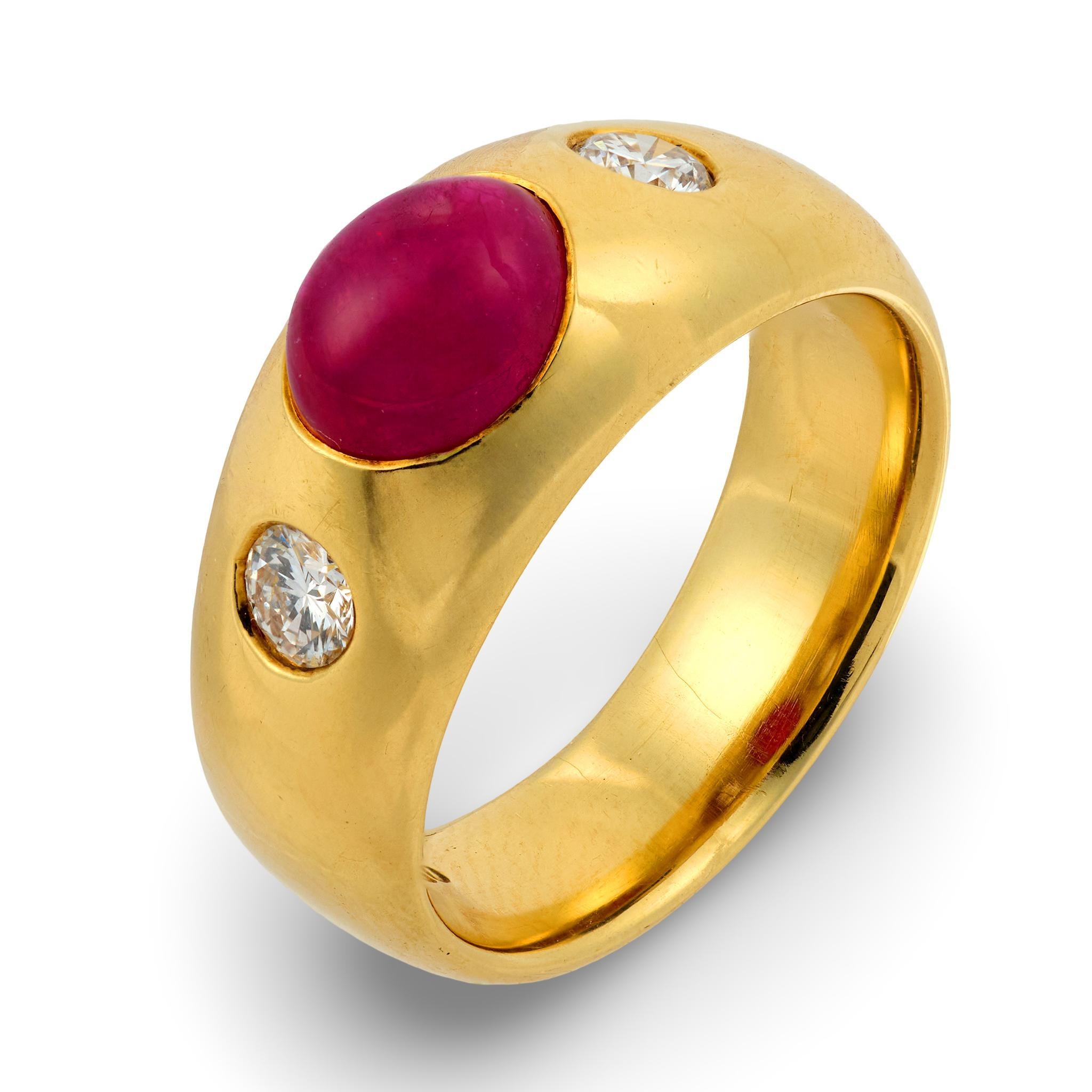 Vintage GIA 2.50 carat cabochon cut ruby diamond 18k yellow gold bezel ring im Zustand „Gut“ im Angebot in Beverly Hills, CA