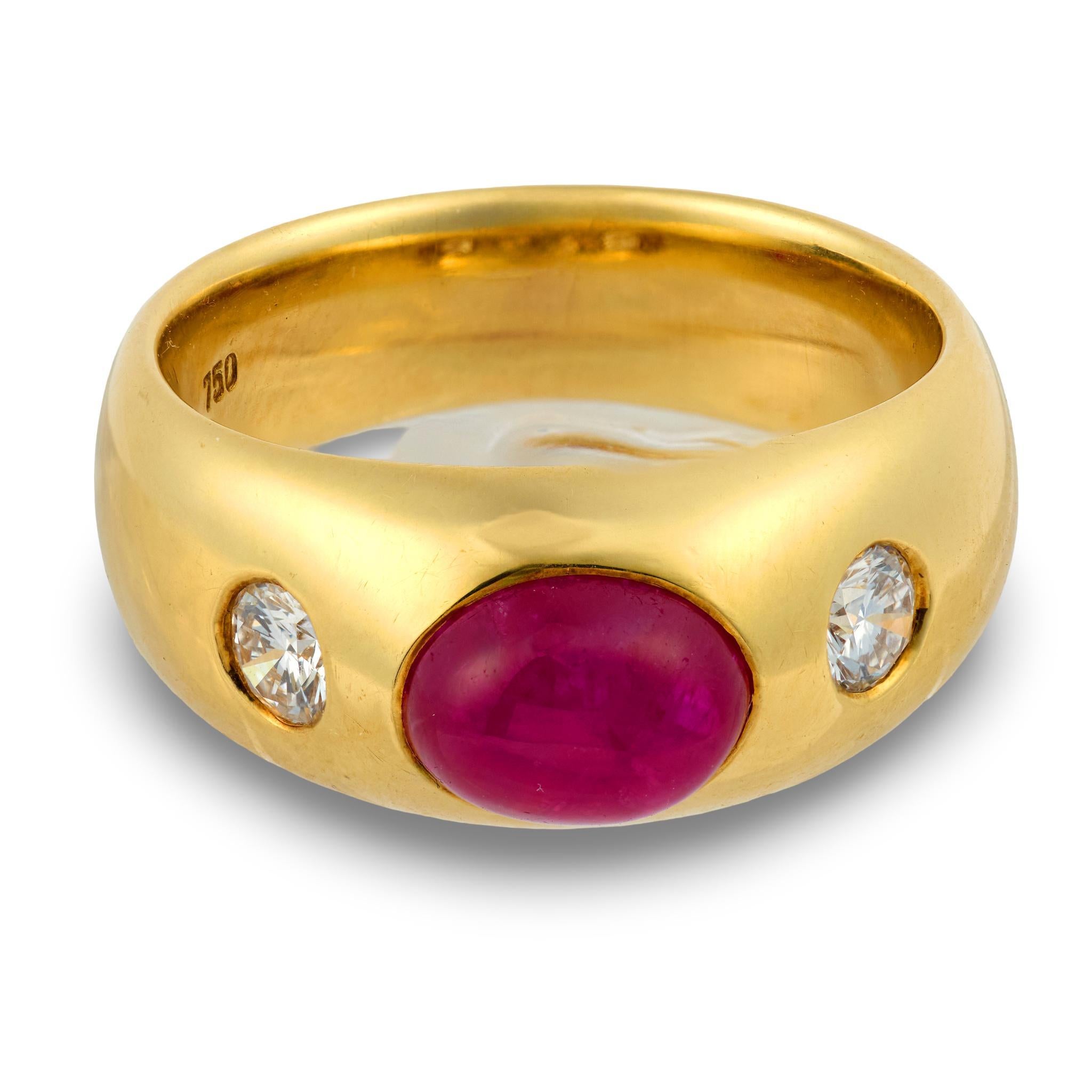Vintage GIA 2.50 carat cabochon cut ruby diamond 18k yellow gold bezel ring Damen im Angebot