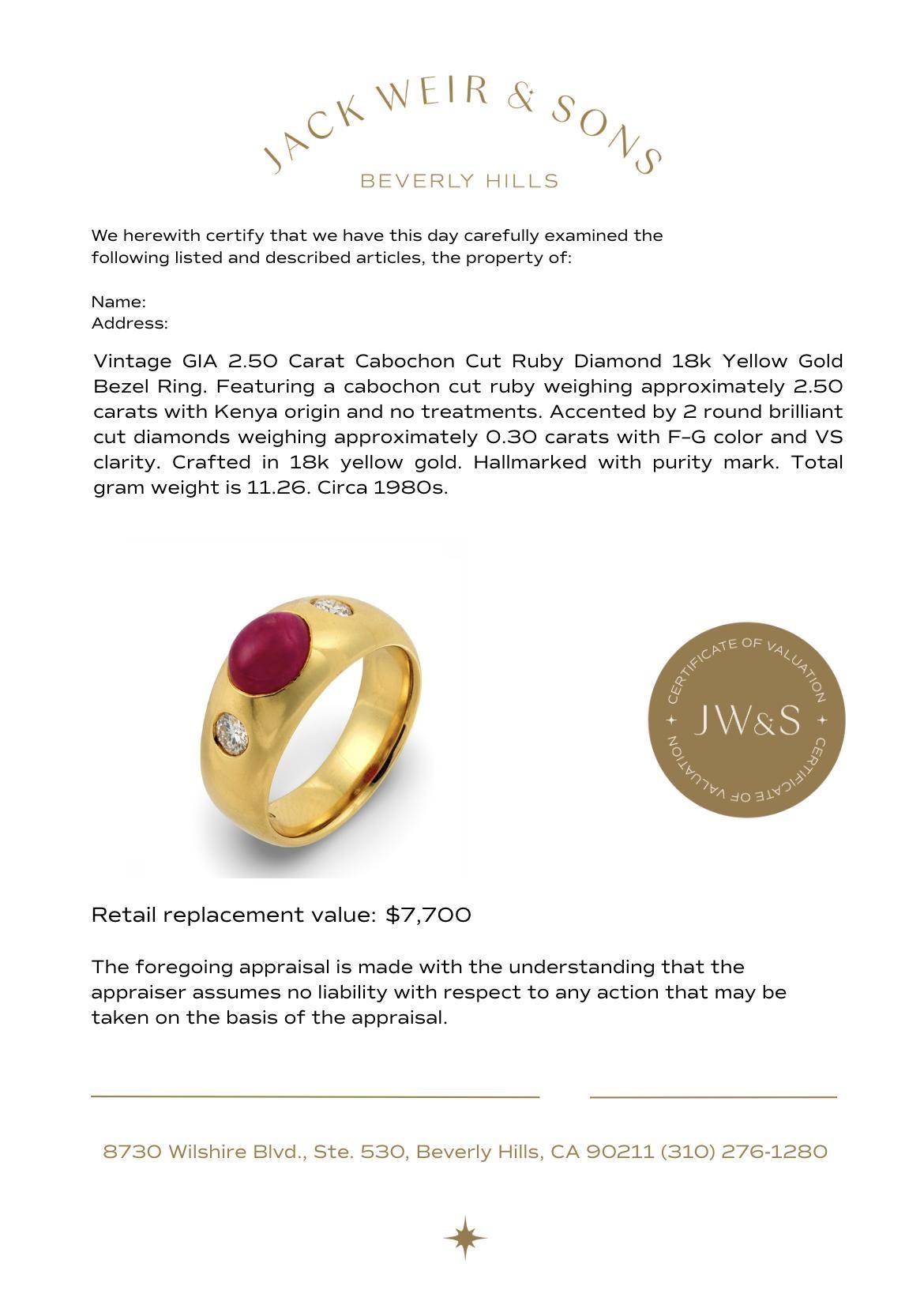 Vintage GIA 2.50 carat cabochon cut ruby diamond 18k yellow gold bezel ring im Angebot 2