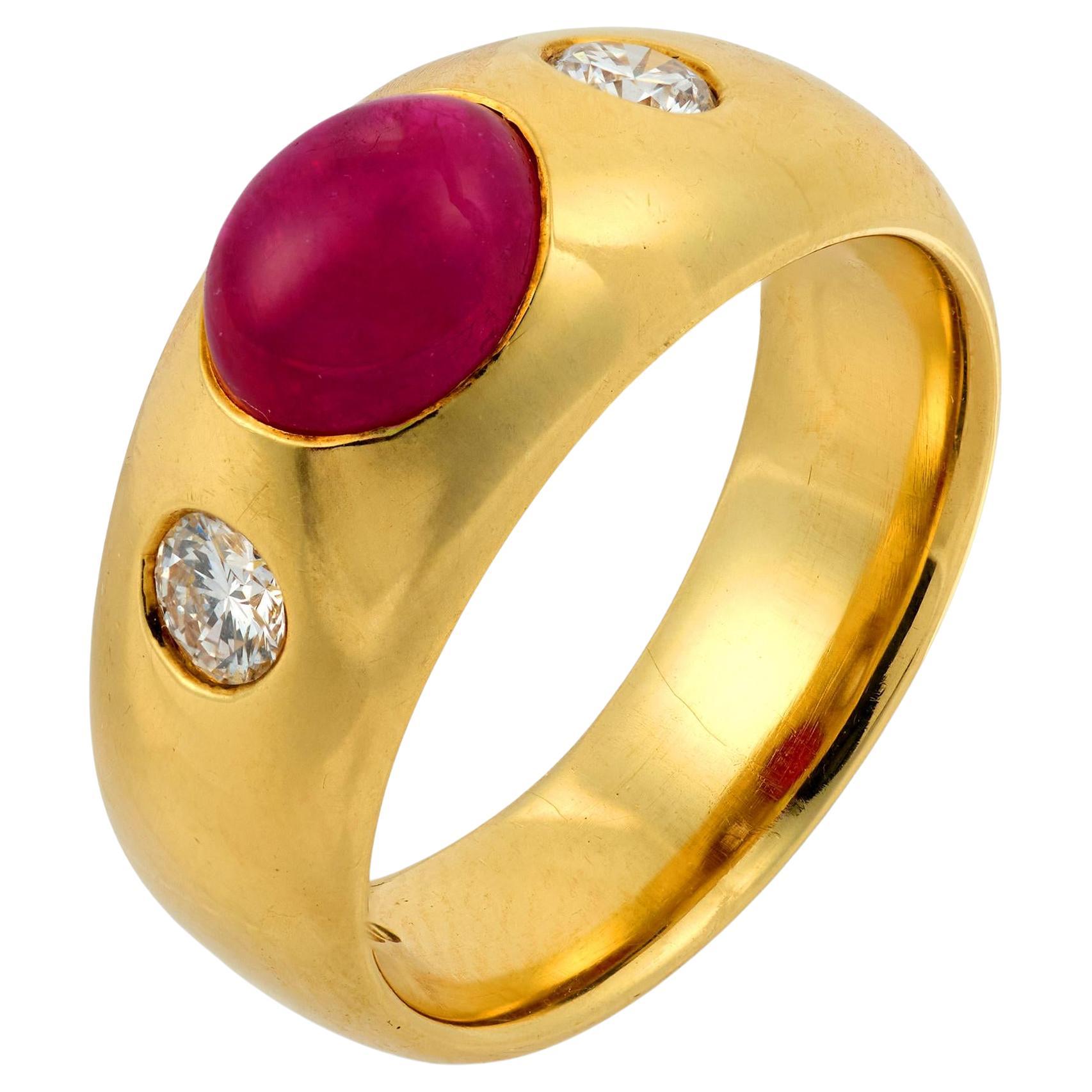 Vintage GIA 2.50 carat cabochon cut ruby diamond 18k yellow gold bezel ring