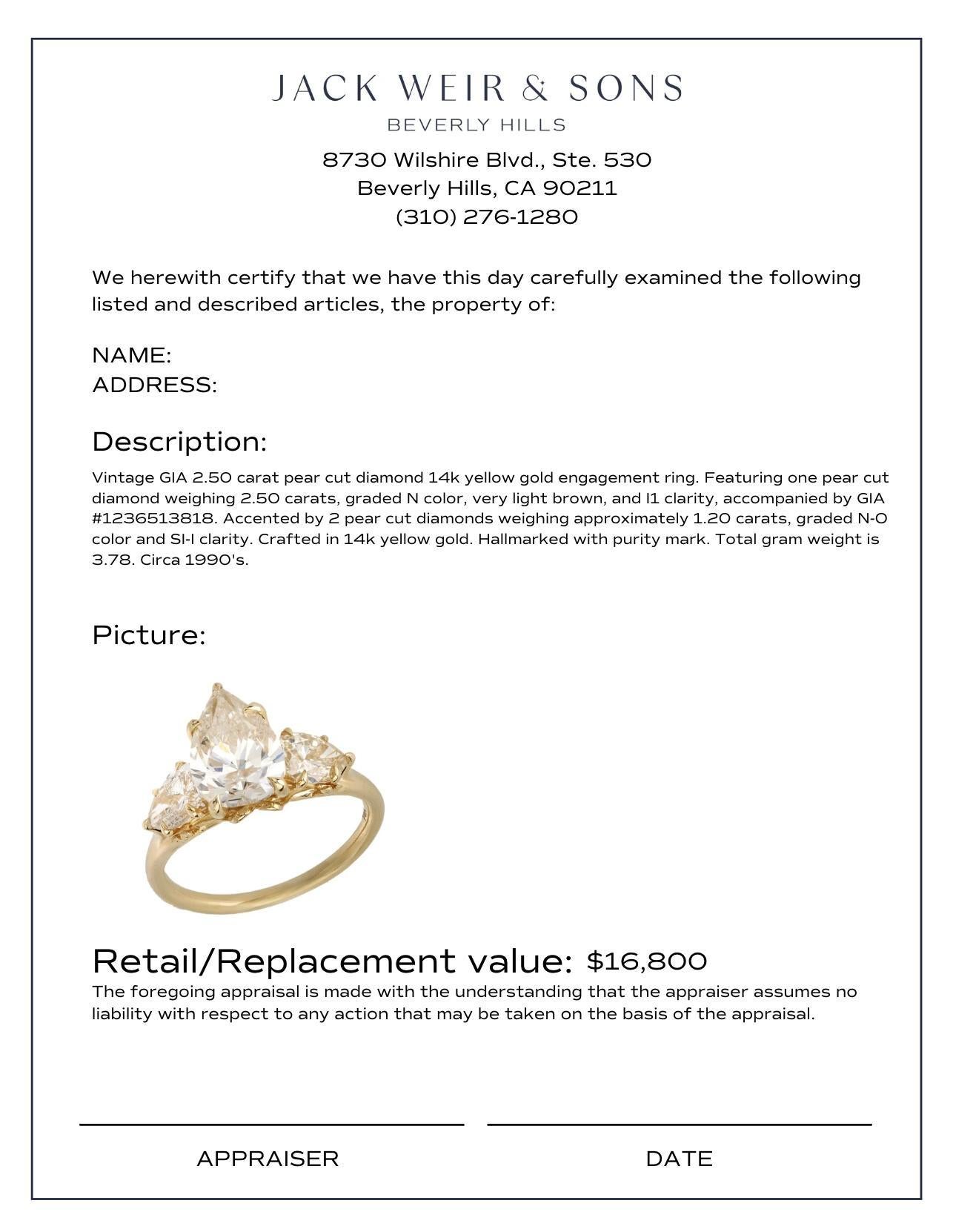 Vintage GIA 2.50 carat pear cut diamond 14k yellow gold engagement ring In Good Condition For Sale In Beverly Hills, CA