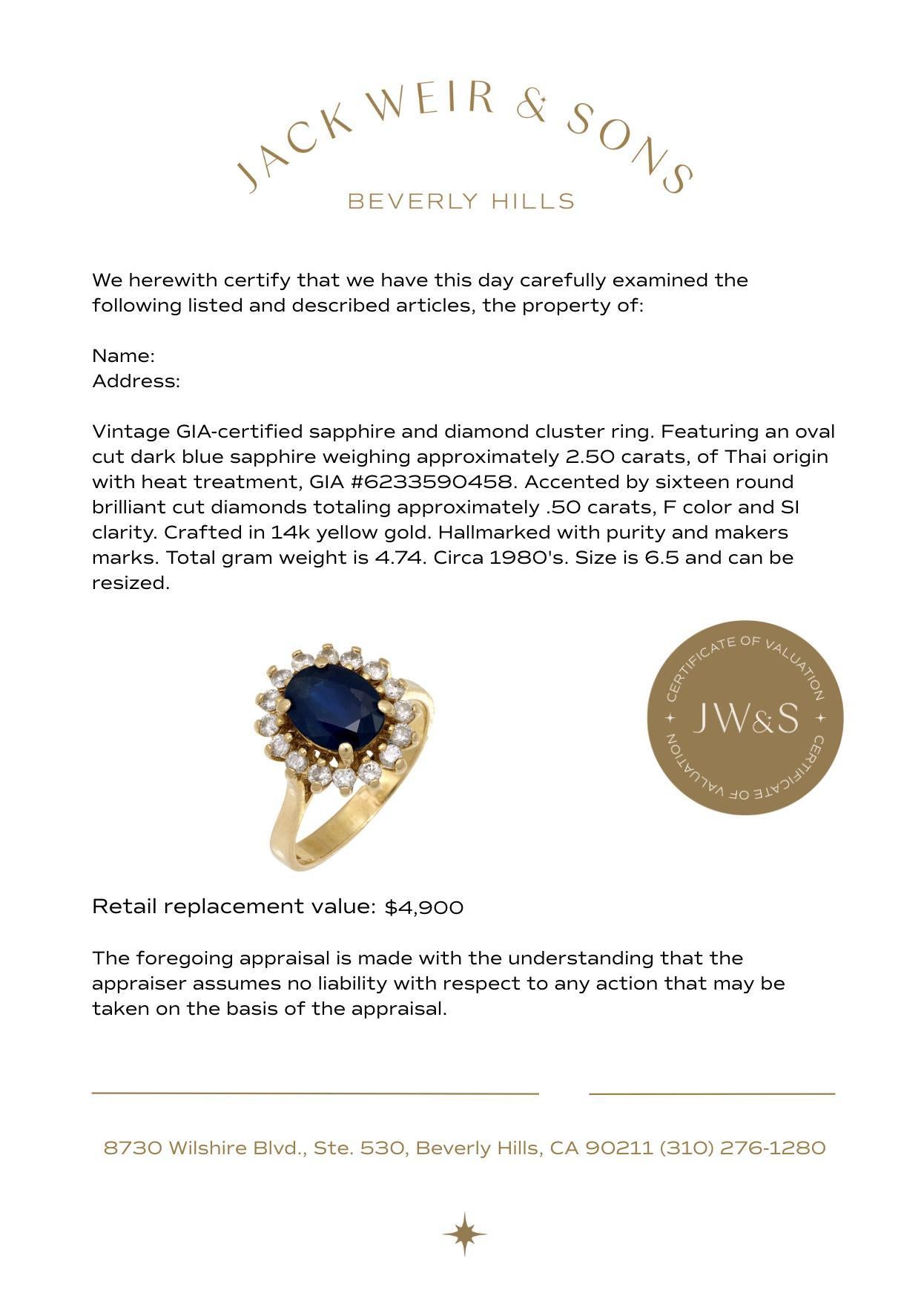 Vintage GIA 2.50 carat sapphire diamond 14k yellow gold cluster ring For Sale 1
