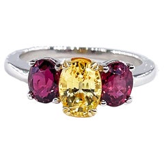 Vintage GIA 2.57ct No-Heat Yellow Sapphire Ruby Trilogy Platinum 18K Gold Ring