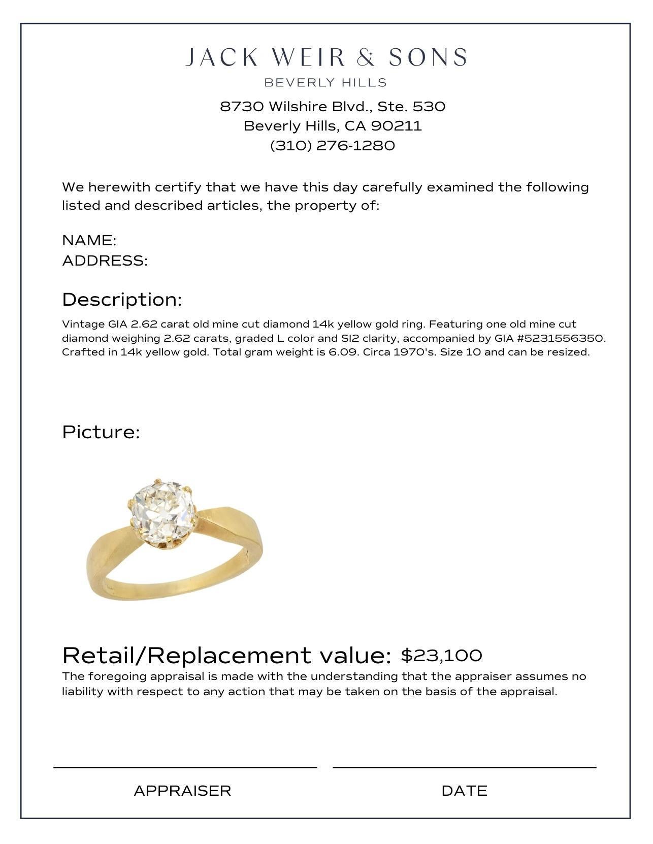 Vintage GIA 2.62 carat old mine diamond 14k yellow gold engagement ring For Sale 1