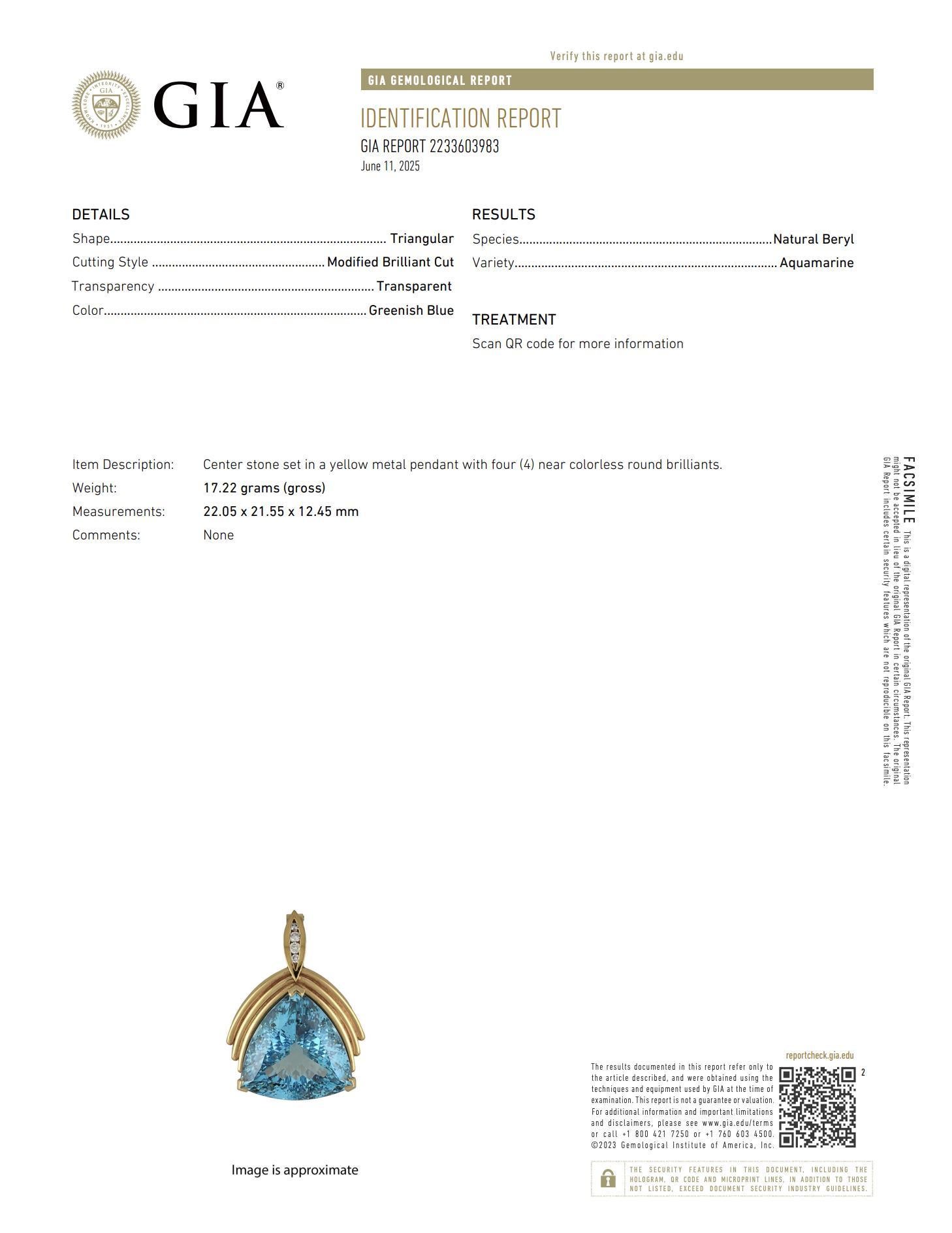 Vintage GIA 27 carat aigue-marine 18k pendentif diamant en vente 1