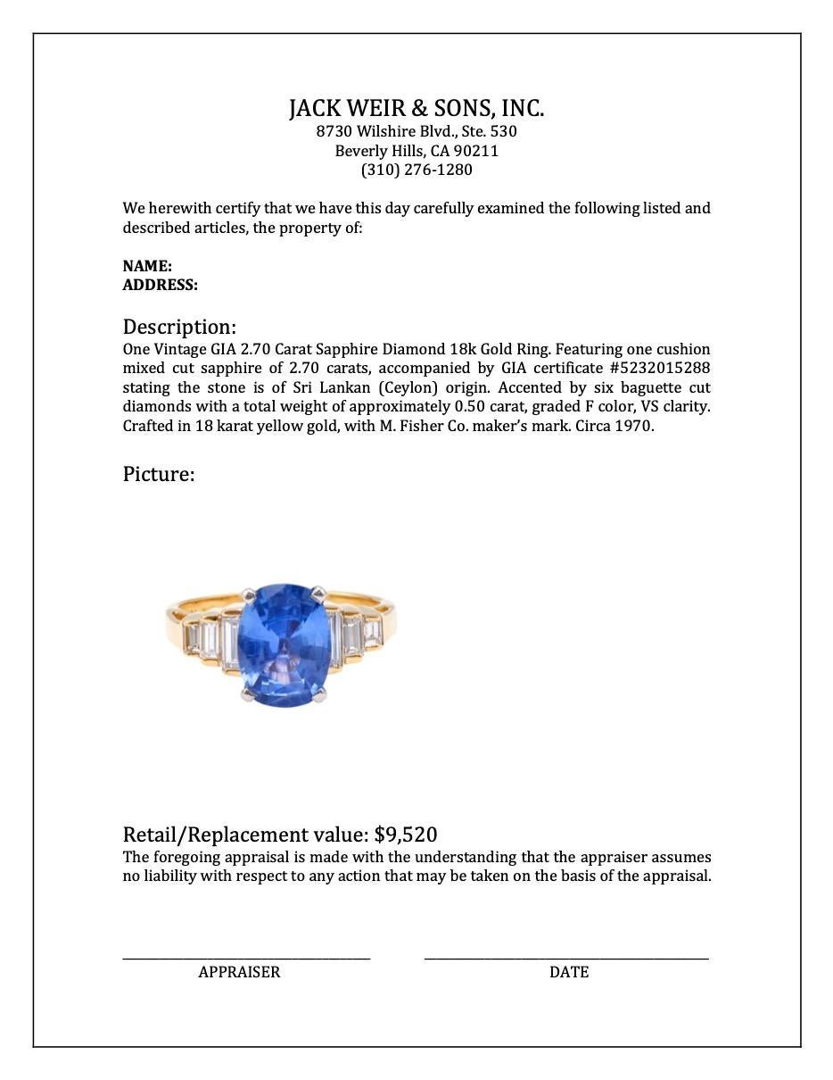 Vintage GIA 2.70 Carat Sapphire Diamond 18k Gold Ring For Sale 3