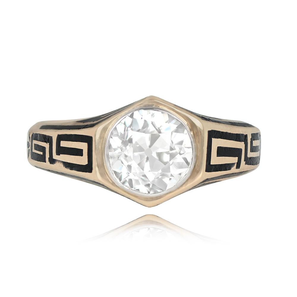 A vintage ring highlights a GIA-certified 2.71-carat old European cut diamond with an L color and VS2 clarity. The diamond is elegantly bezel-set in a 14k yellow gold mounting, adorned with geometric black enamel designs on the shoulders and