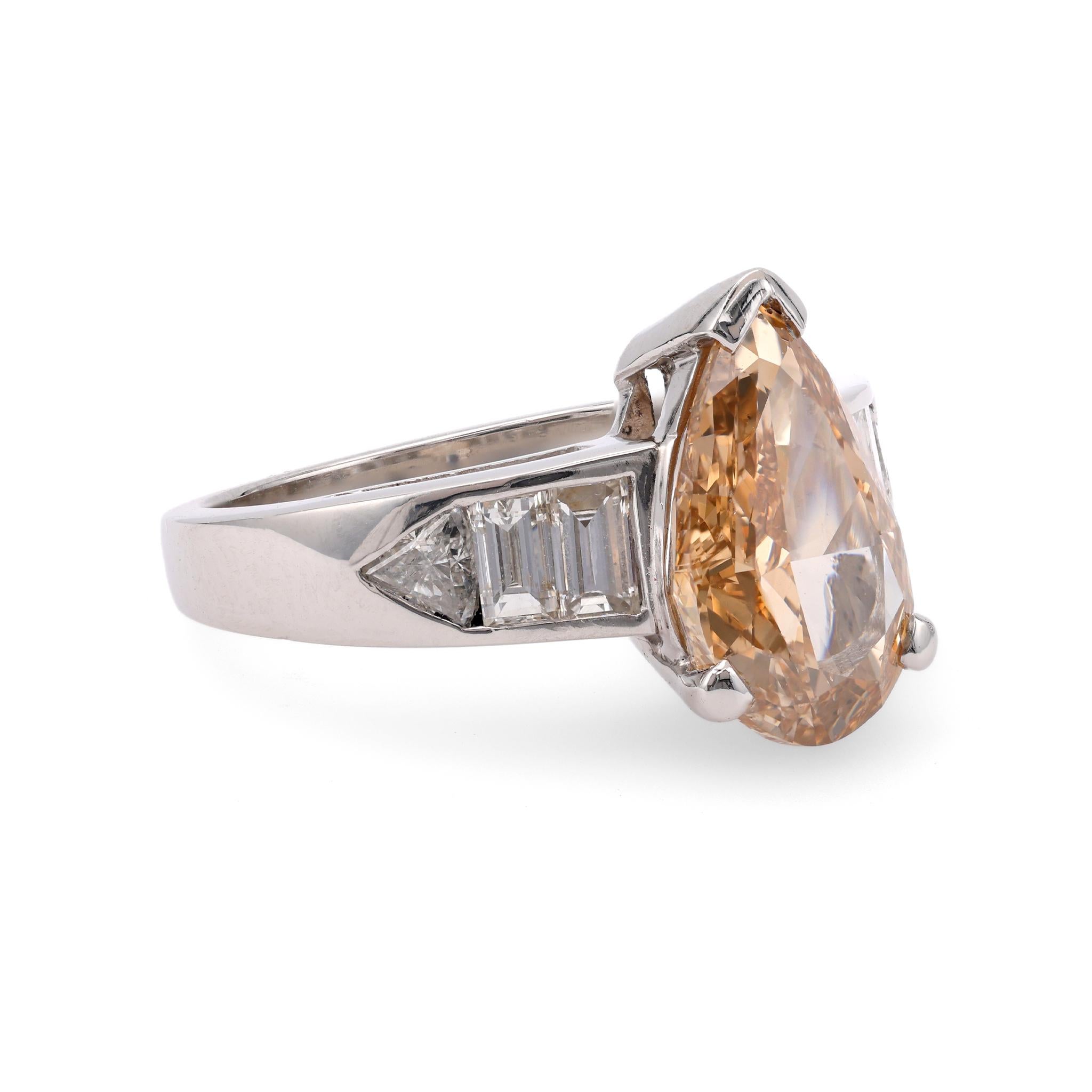 Women's or Men's Vintage GIA 2.72 Carat Fancy Brown-Yellow Pear Cut Diamond Platinum Ring For Sale