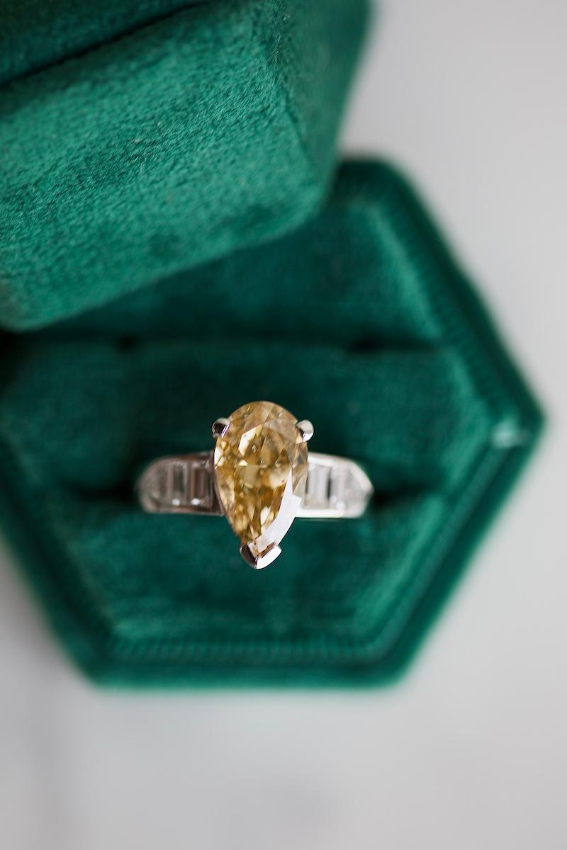 Vintage GIA 2.72 Carat Fancy Brown-Yellow Pear Cut Diamond Platinum Ring For Sale 1