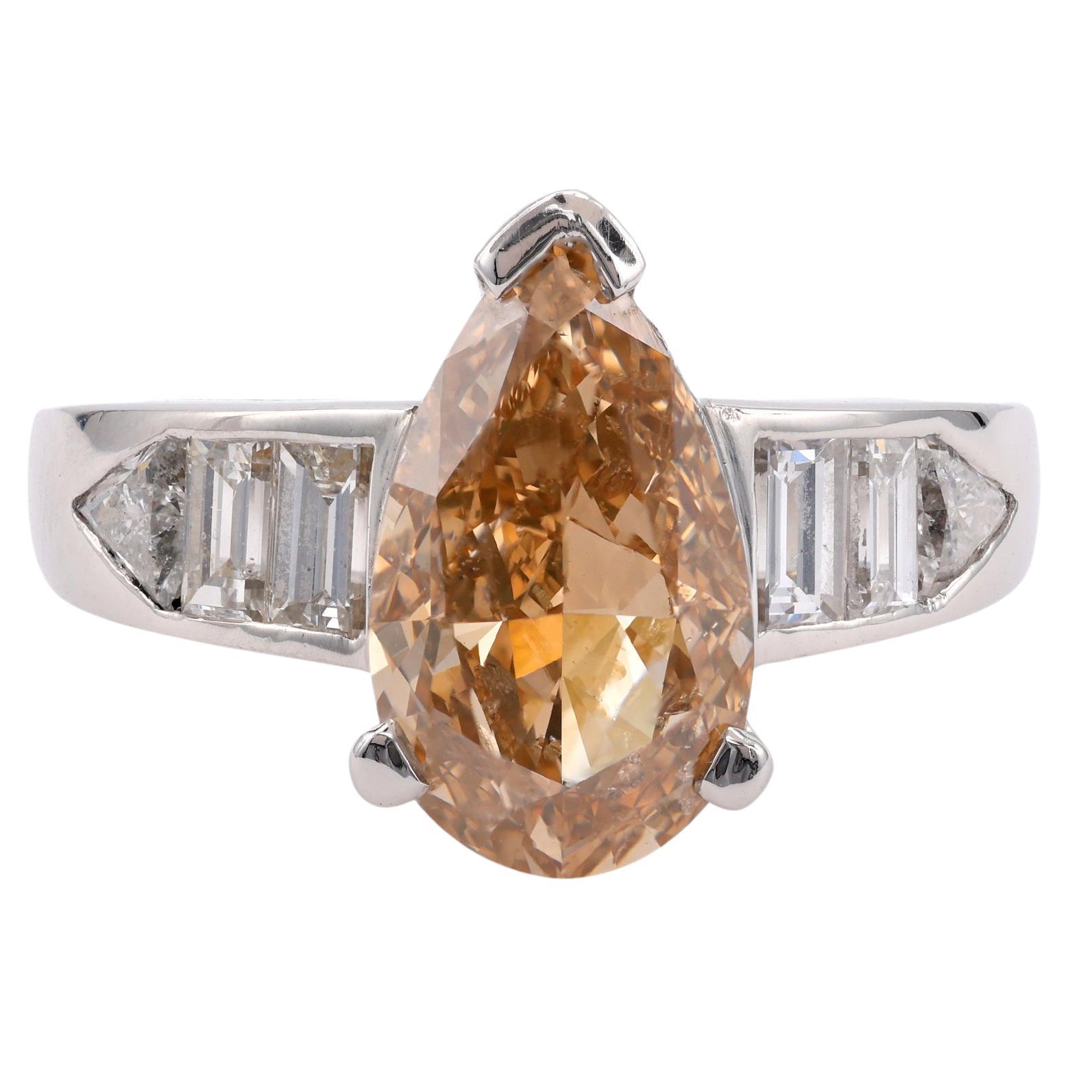 Vintage GIA 2.72 Carat Fancy Brown-Yellow Pear Cut Diamond Platinum Ring For Sale