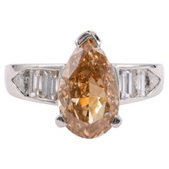 Retro GIA 2.72 Carat Fancy Brown-Yellow Pear Cut Diamond Platinum Ring