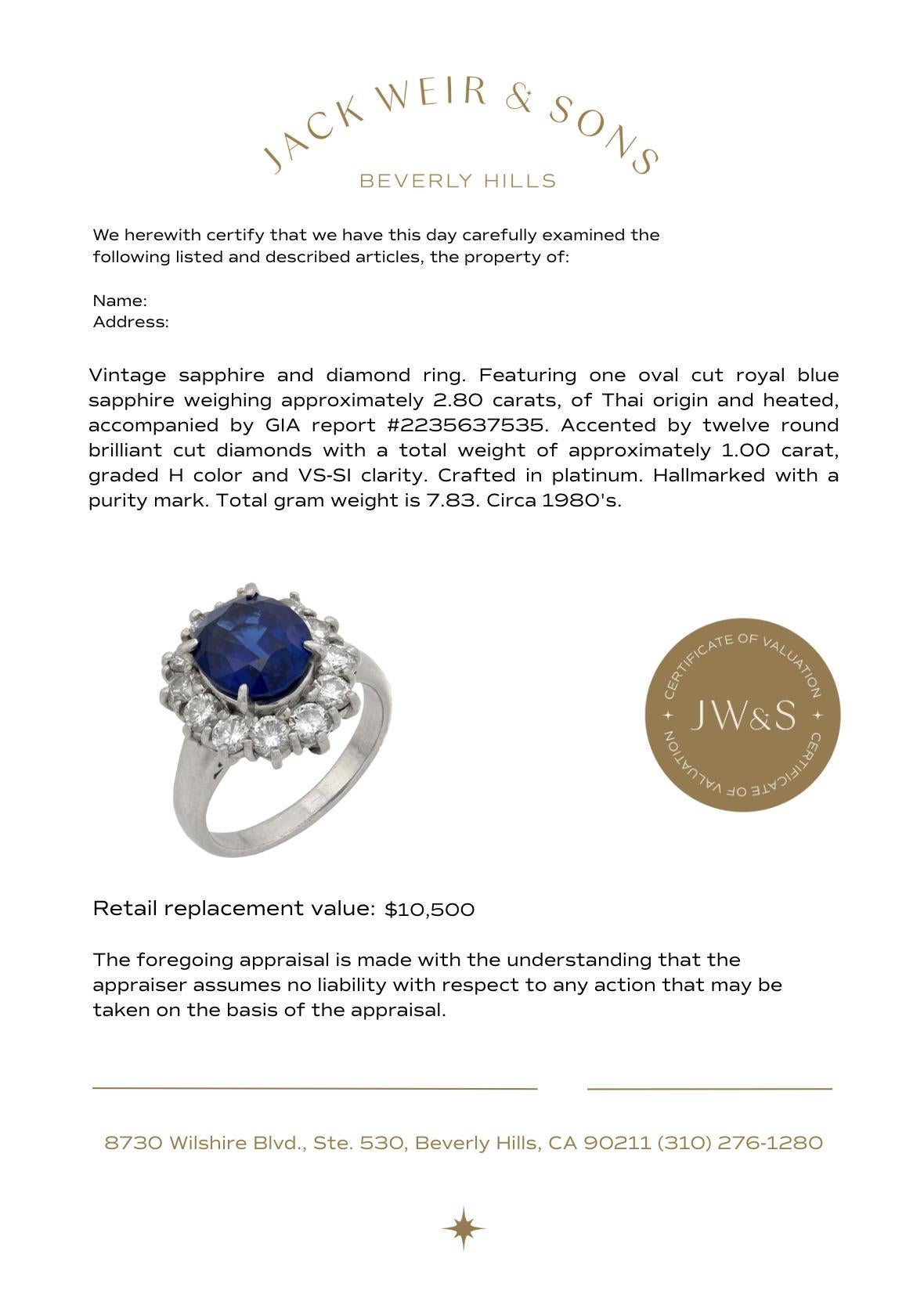 Anello a grappolo in platino con diamante e zaffiro blu reale da 2,80 carati, Vintage GIA in vendita 2