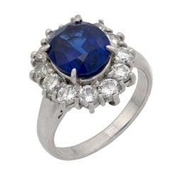 Anello a grappolo in platino con diamante e zaffiro blu reale da 2,80 carati, Vintage GIA