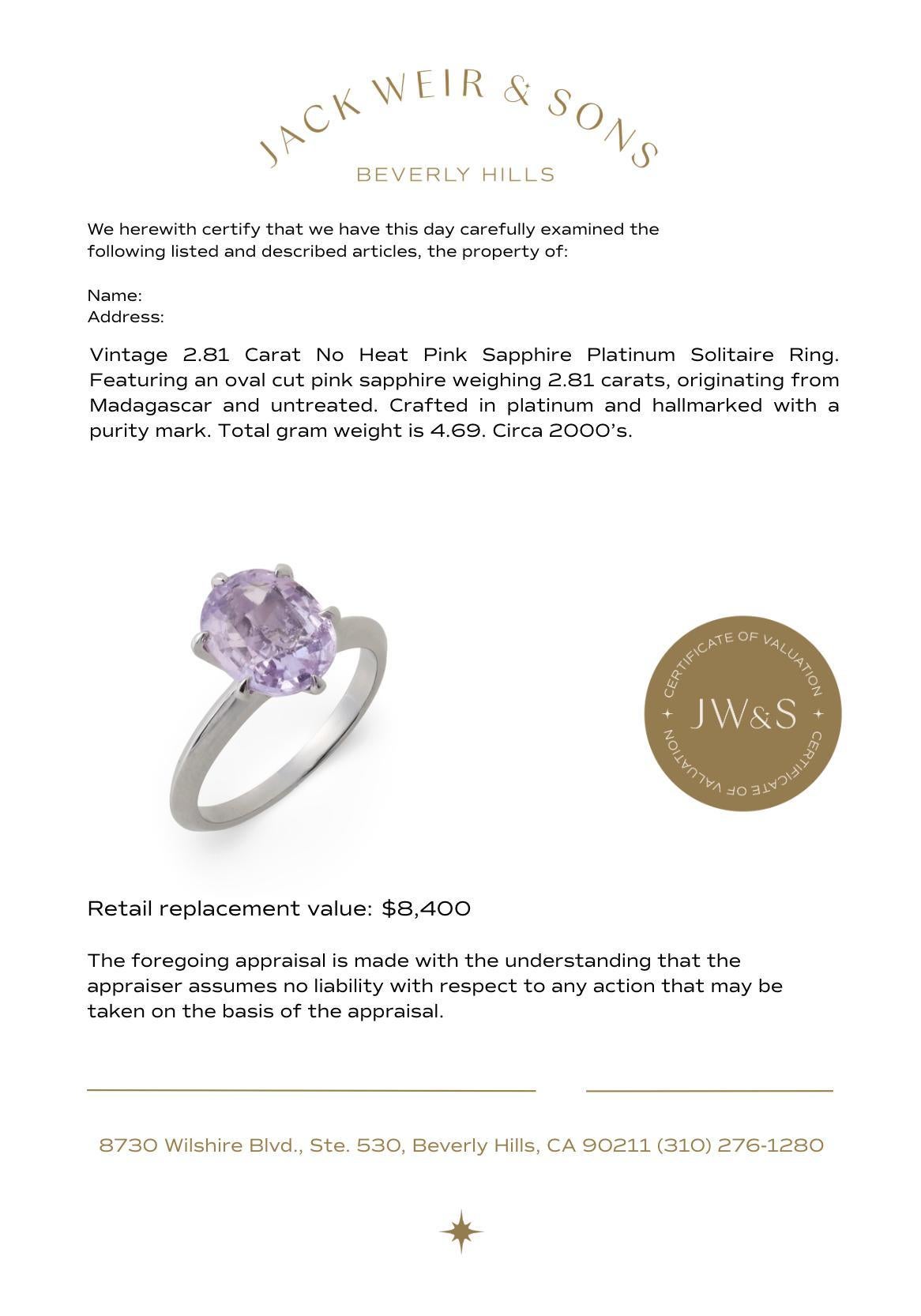 Vintage GIA 2,81 Karat ohne Hitze rosa Saphir Platin Solitär Ring im Angebot 2