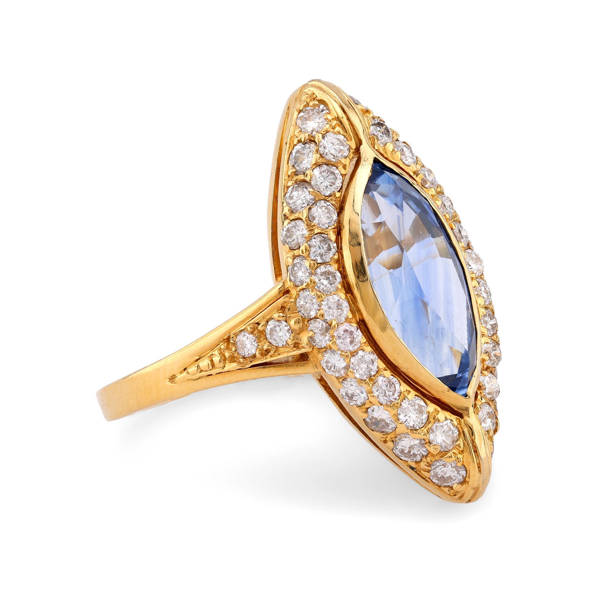 Marquise Cut Vintage GIA 2.82 Carat Sapphire Diamond 18K Yellow Gold Navette Ring