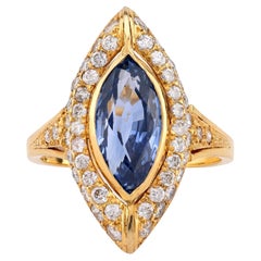 Bague navette vintage en or jaune 18 carats avec saphir de 2,82 carats et diamants certifiés GIA
