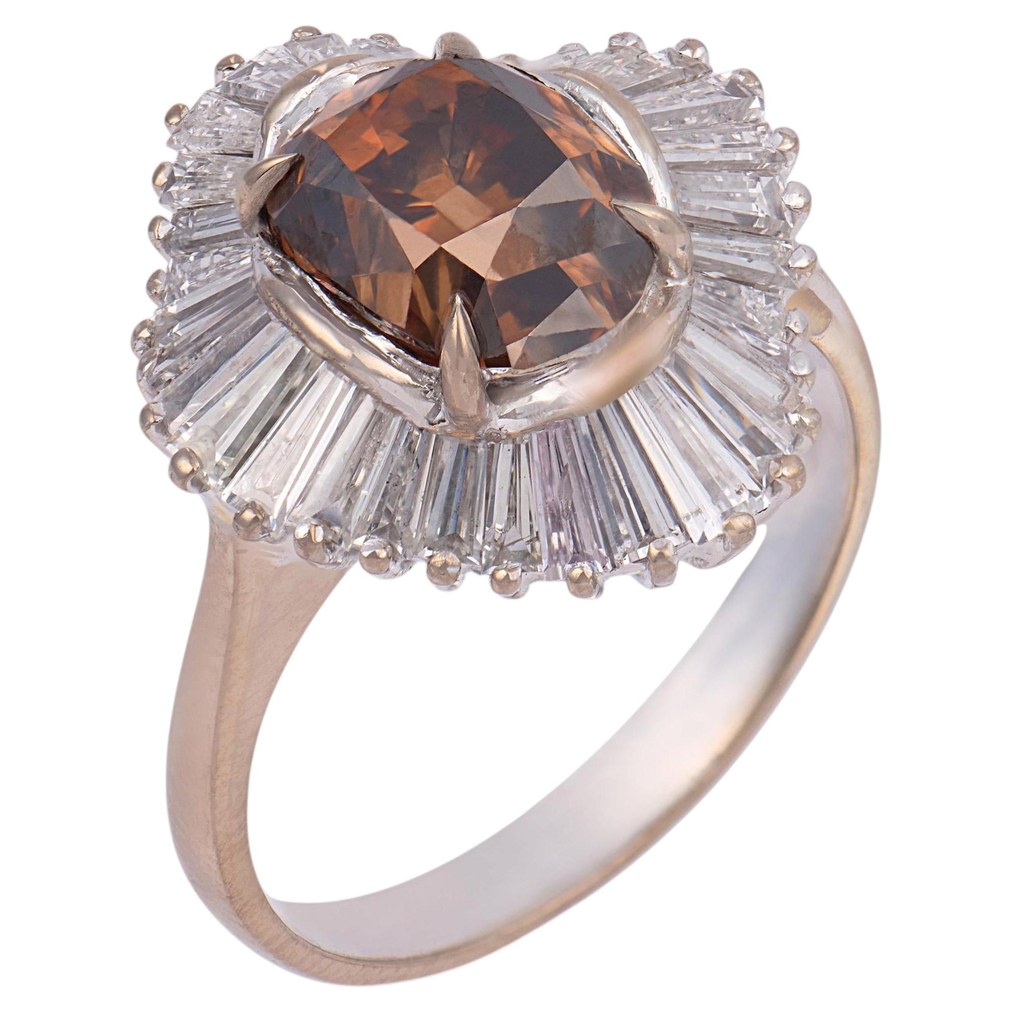 Anello ballerina in platino con diamante GIA d'epoca da 2,88 carati e colore fantasia