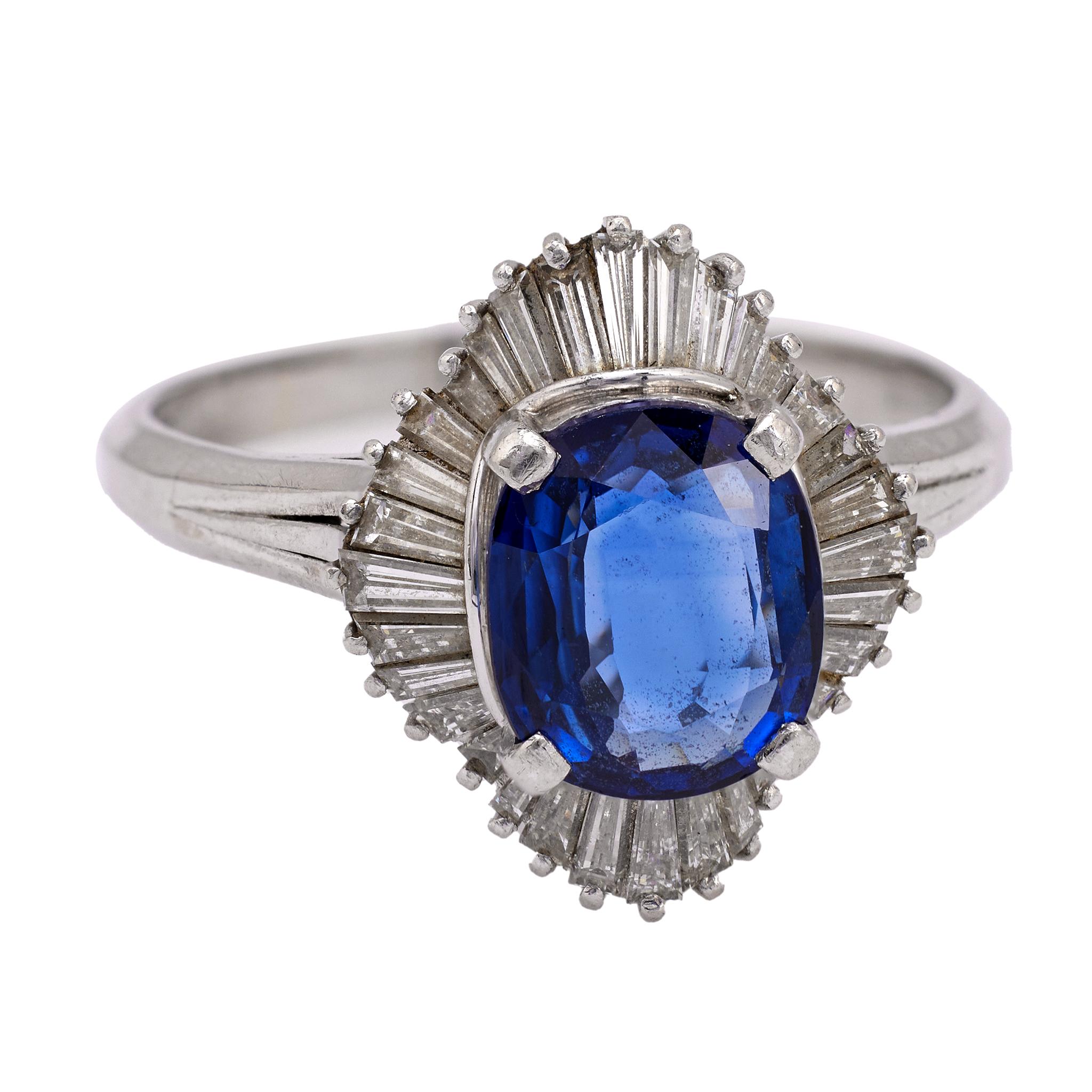 Women's or Men's Vintage GIA 2.97 Carat Ceylon Sapphire and Diamond Platinum Ballerina Ring For Sale