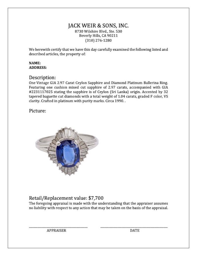 Vintage GIA 2.97 Carat Ceylon Sapphire and Diamond Platinum Ballerina Ring For Sale 3