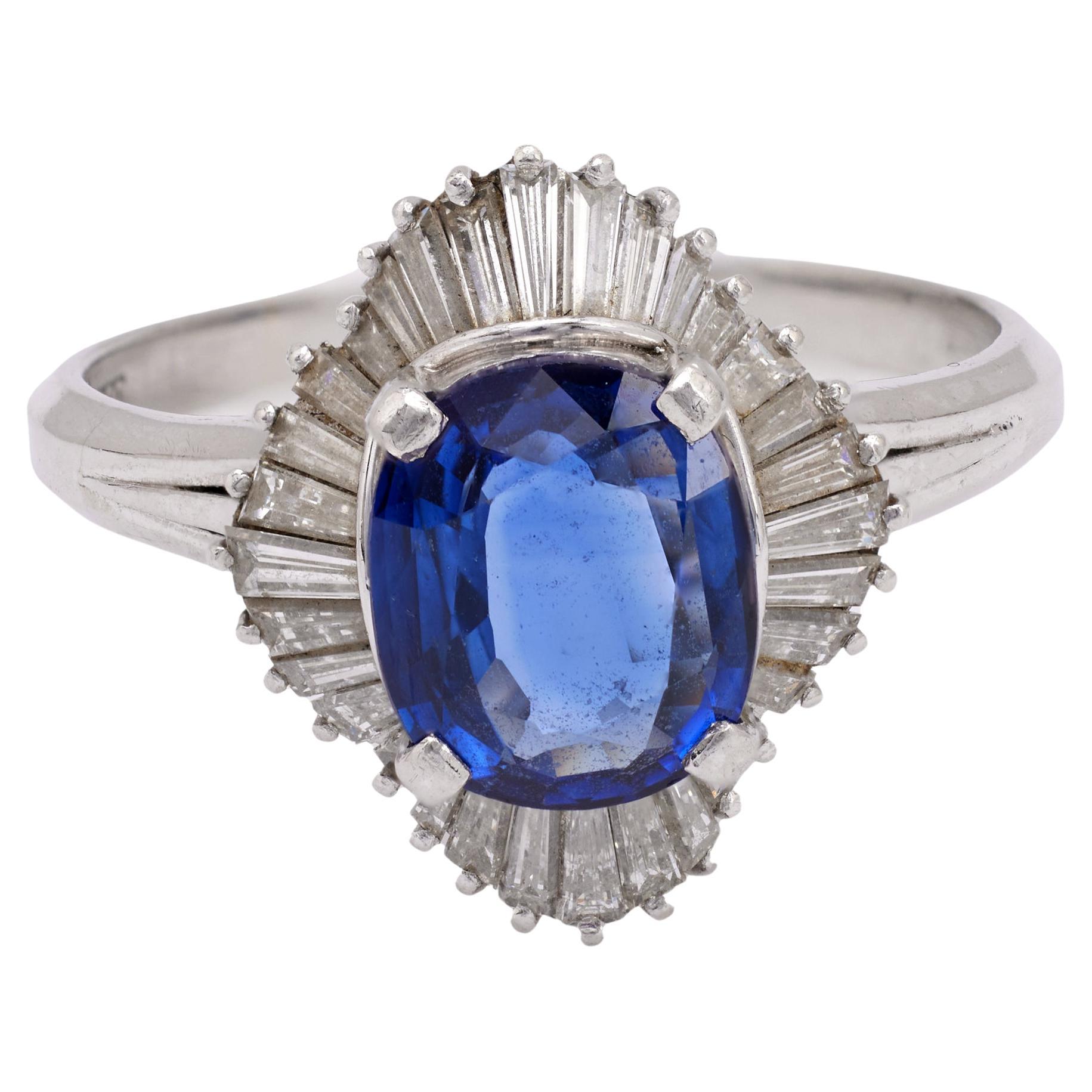 Vintage GIA 2.97 Carat Ceylon Sapphire and Diamond Platinum Ballerina Ring
