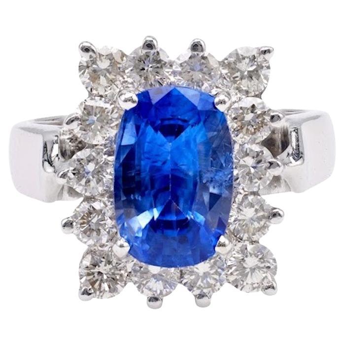 Vintage GIA 2.98 Carat Ceylon Sapphire Diamond Platinum Cluster Ring For Sale