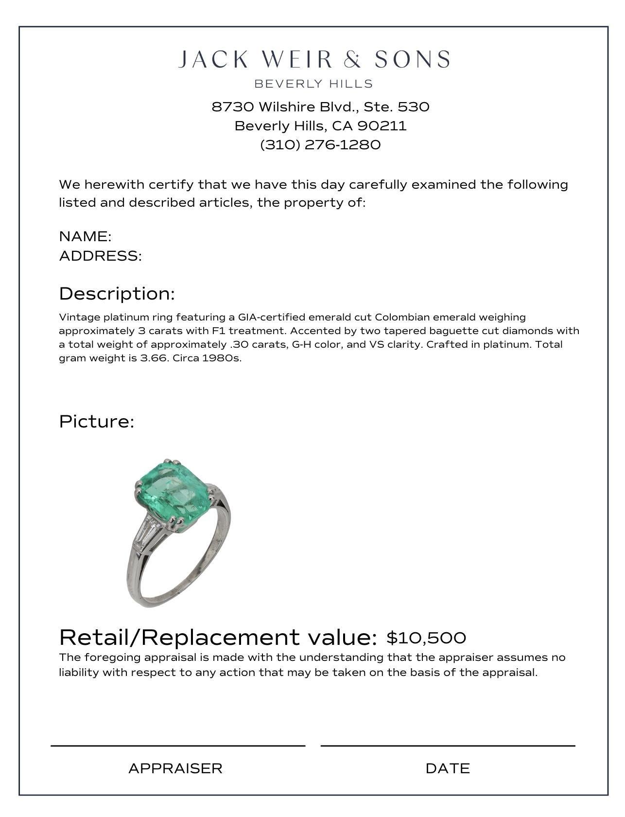 Women's or Men's Vintage GIA 3 carat Colombian emerald diamond platinum ring For Sale