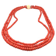 Vintage GIA 3 Strand Rondelle Beads Coral Necklace w/ 14k Yellow Gold Clasp