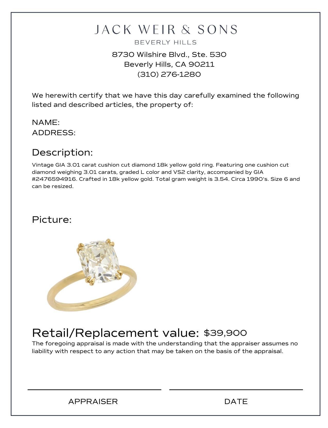 Verlobungsring aus 18 Karat Gelbgold mit GIA 3,01 Karat Diamant im Kissenschliff im Kissenschliff im Angebot 2