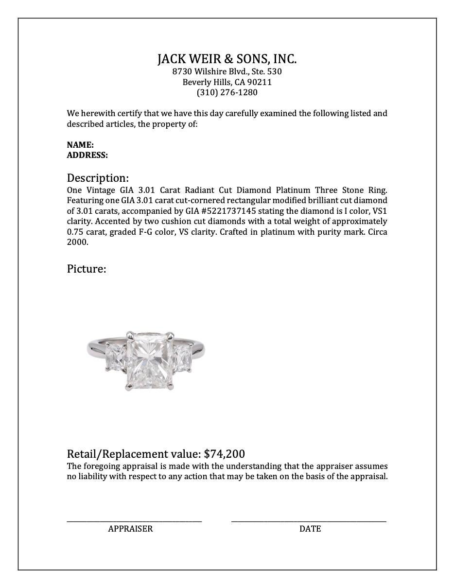 Vintage GIA 3.01 Carat Radiant Cut Diamond Platinum Three Stone Ring 4