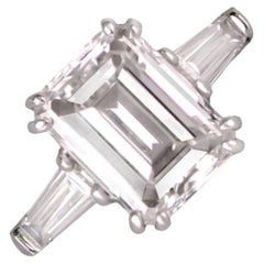 Retro GIA 3.07ct Emerald Cut Diamond Engagement Ring, D Color, 18k White Gold