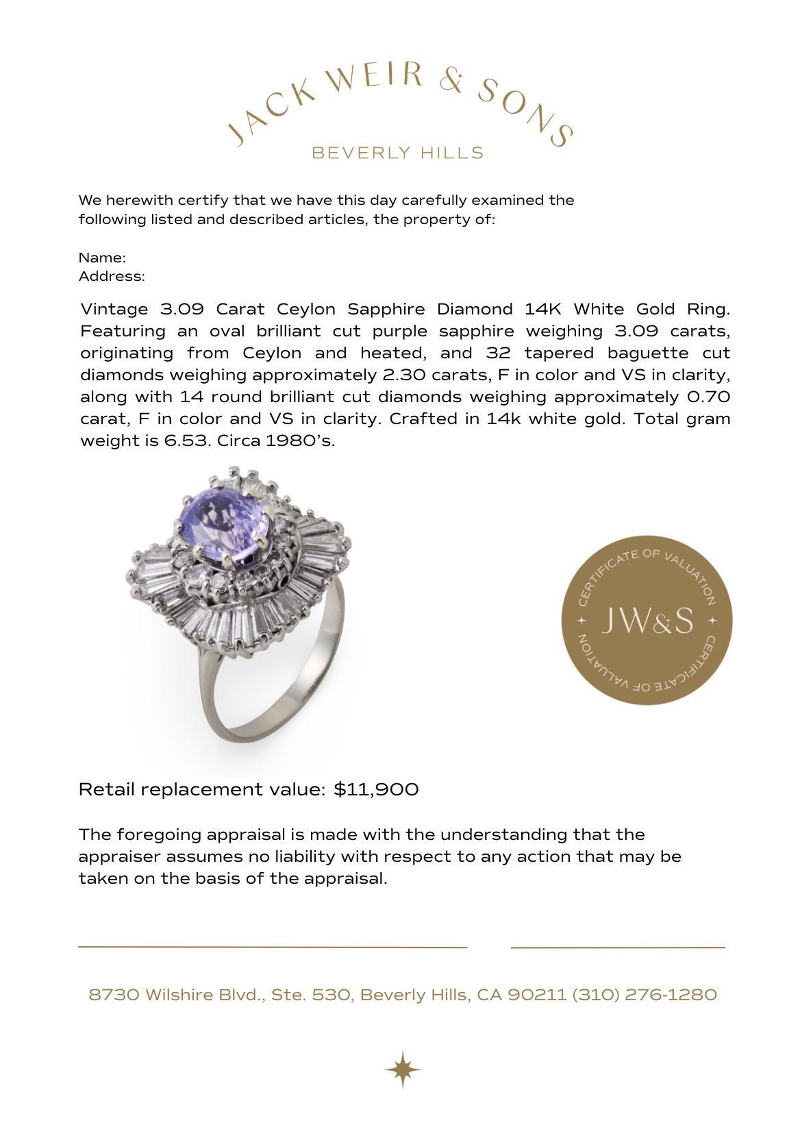 Vintage GIA 3,09 Karat Ceylon Saphir Diamant 14k Weißgold Ring Damen im Angebot