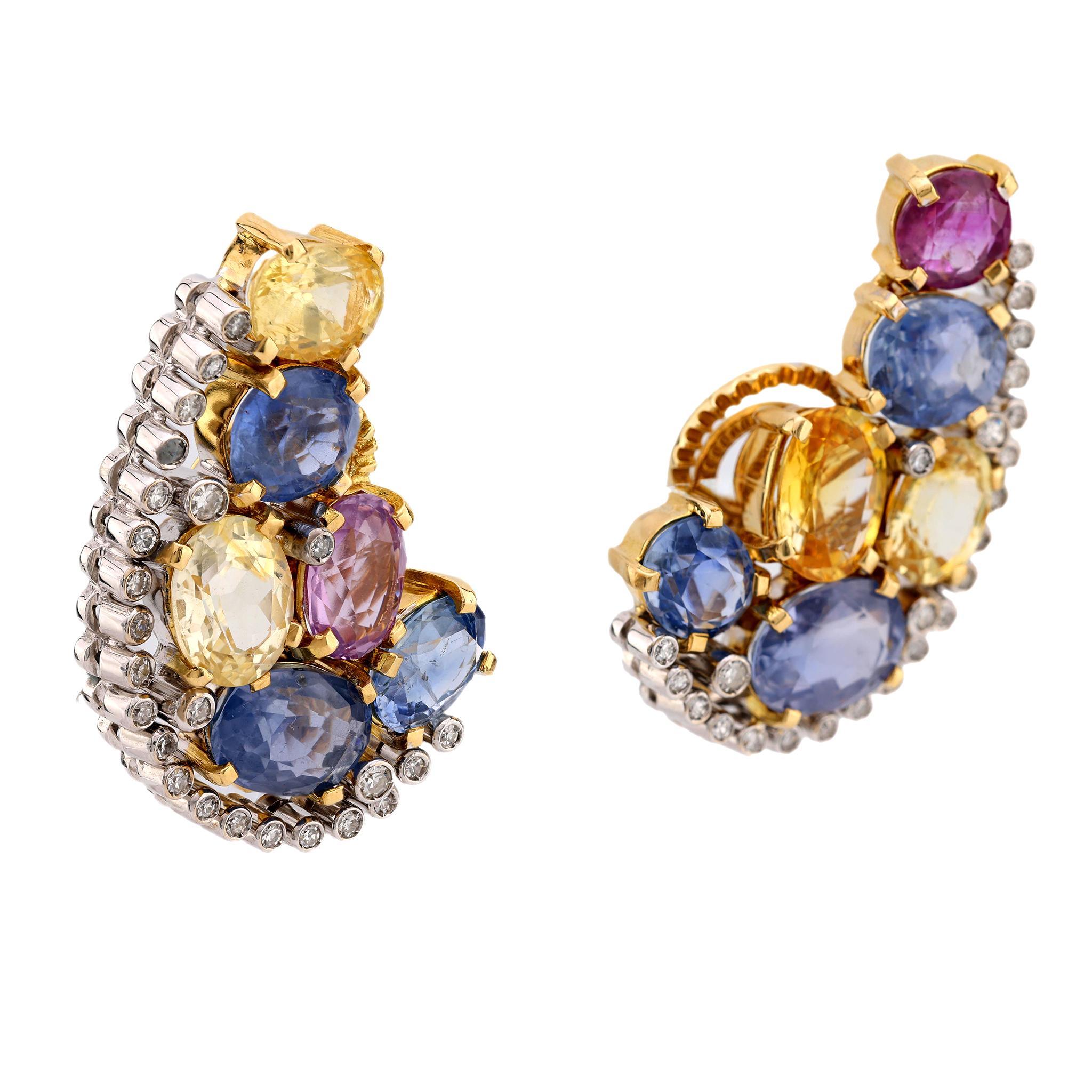 Modern Vintage GIA 31 carat total weight sapphire diamond 18k gold platinum earrings For Sale