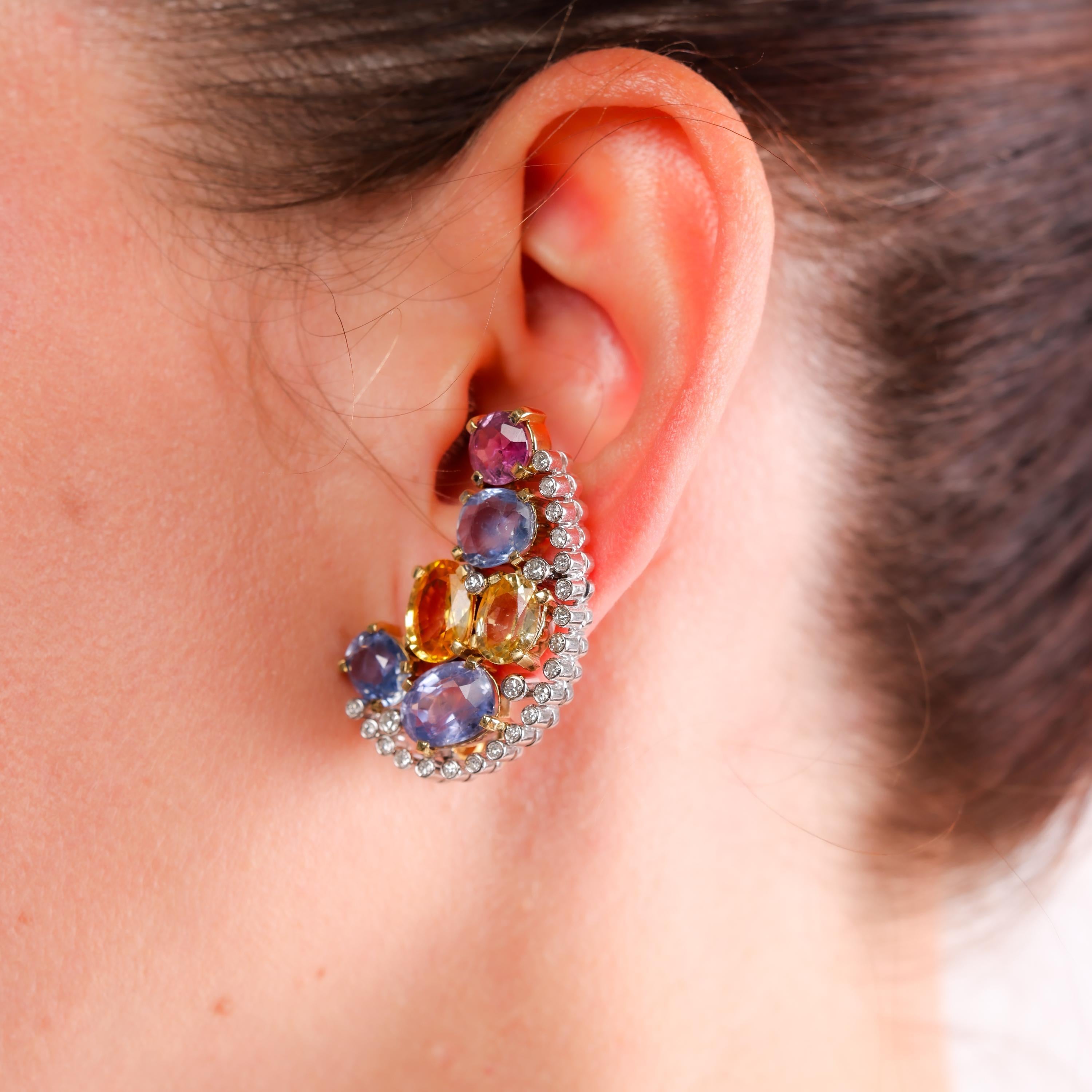 Mixed Cut Vintage GIA 31 carat total weight sapphire diamond 18k gold platinum earrings For Sale