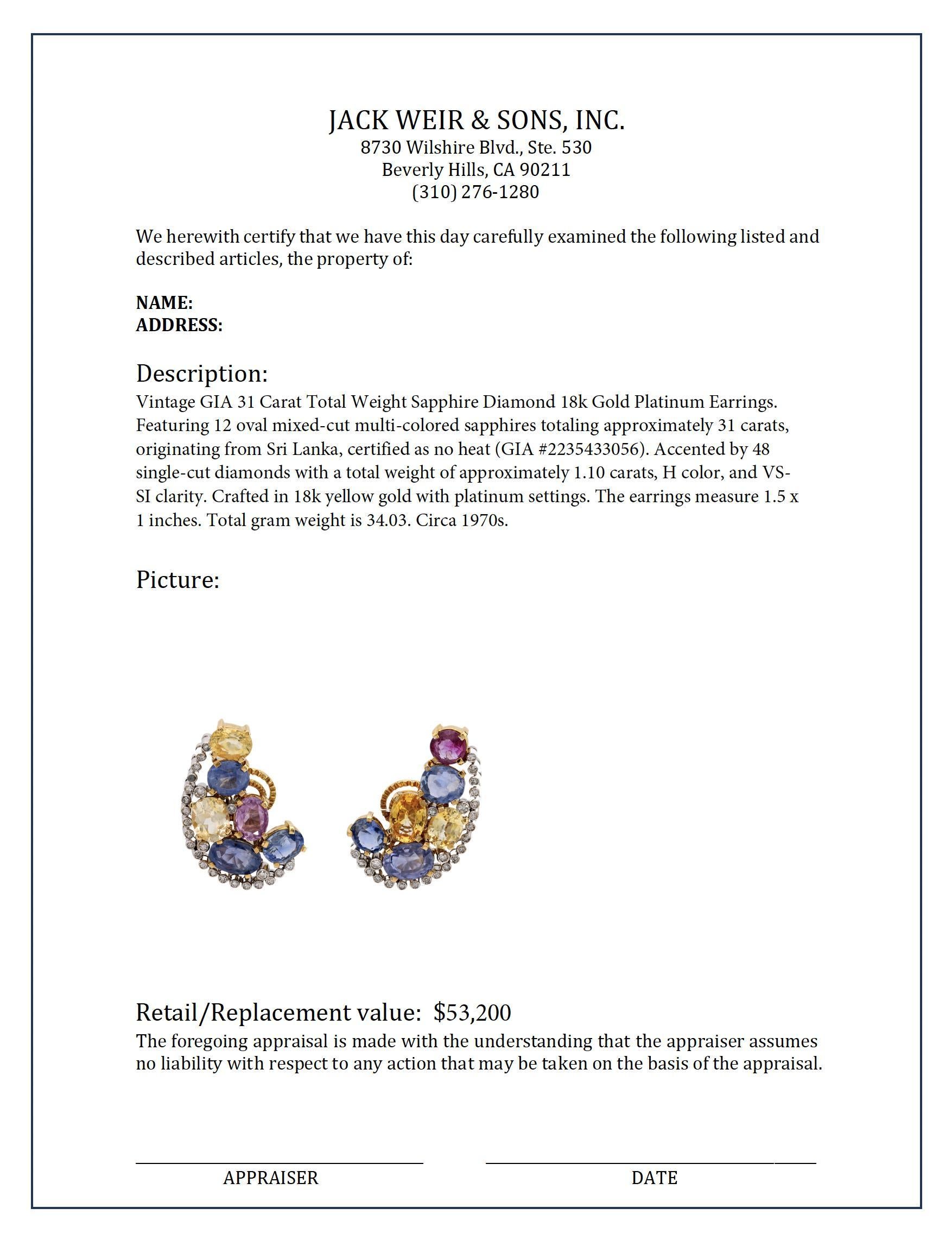 Women's or Men's Vintage GIA 31 carat total weight sapphire diamond 18k gold platinum earrings For Sale