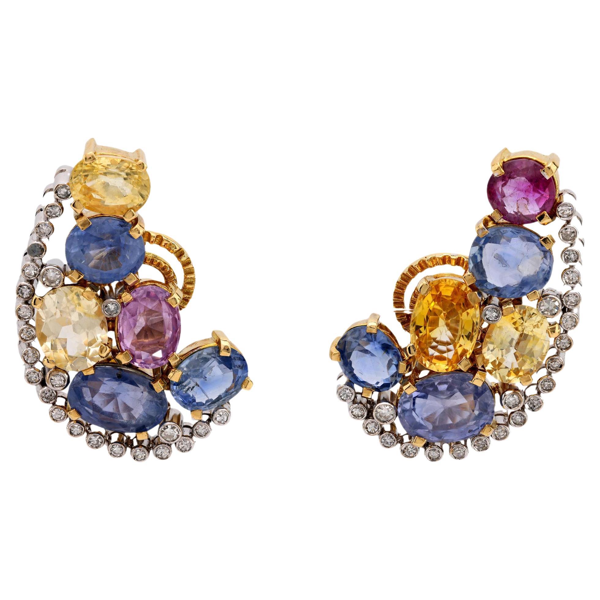 Vintage GIA 31 carat total weight sapphire diamond 18k gold platinum earrings