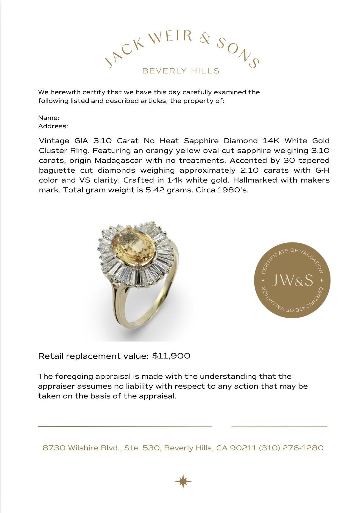 Anello a grappolo in oro bianco 14k con zaffiro senza calore GIA d'epoca da 3,10 carati in vendita 2