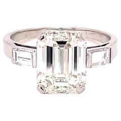 Vintage GIA 3.11 Carat Emerald Cut Diamond Platinum Engagement Ring