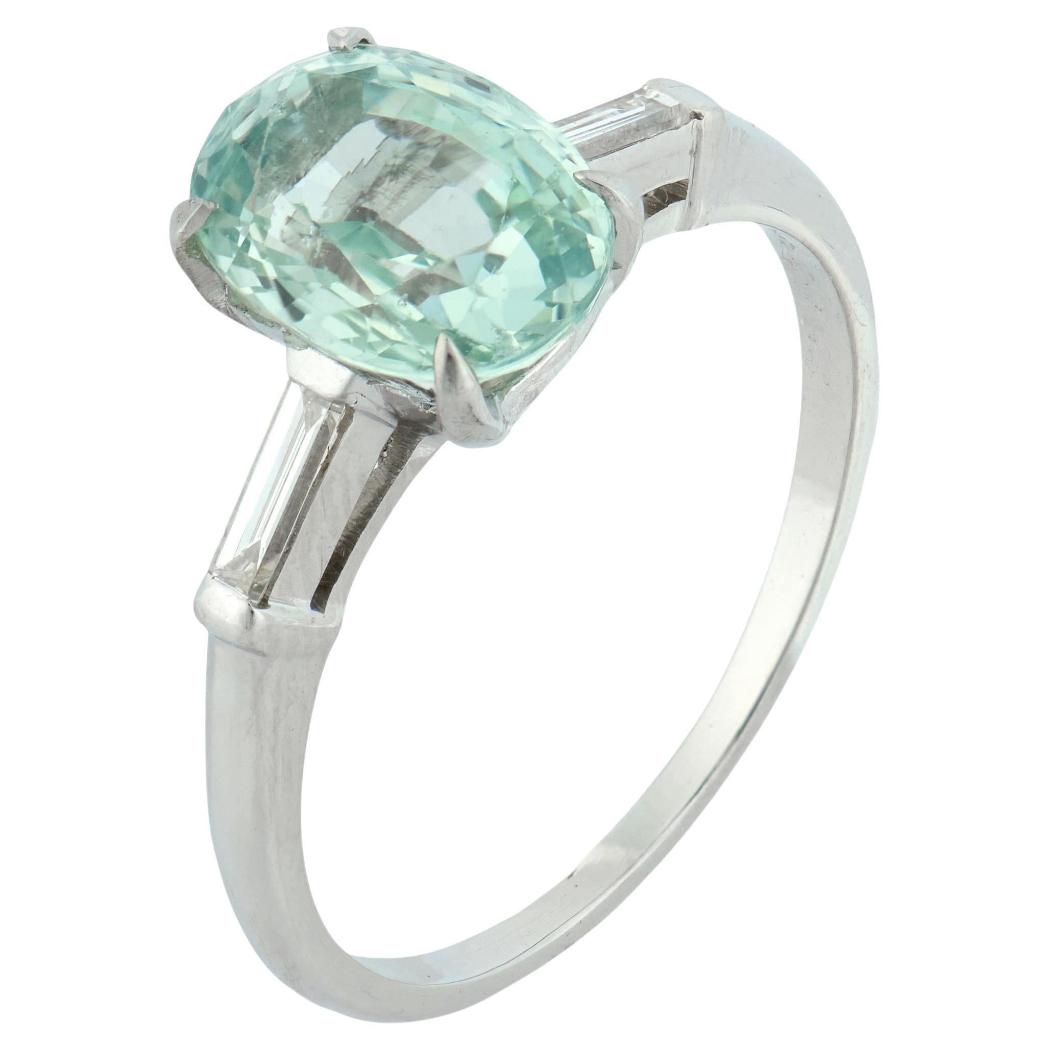 Vintage GIA 3.44 oval cut teal sapphire diamond platinum ring