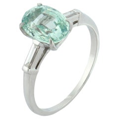 Vintage GIA 3.44 oval cut teal sapphire diamond platinum ring